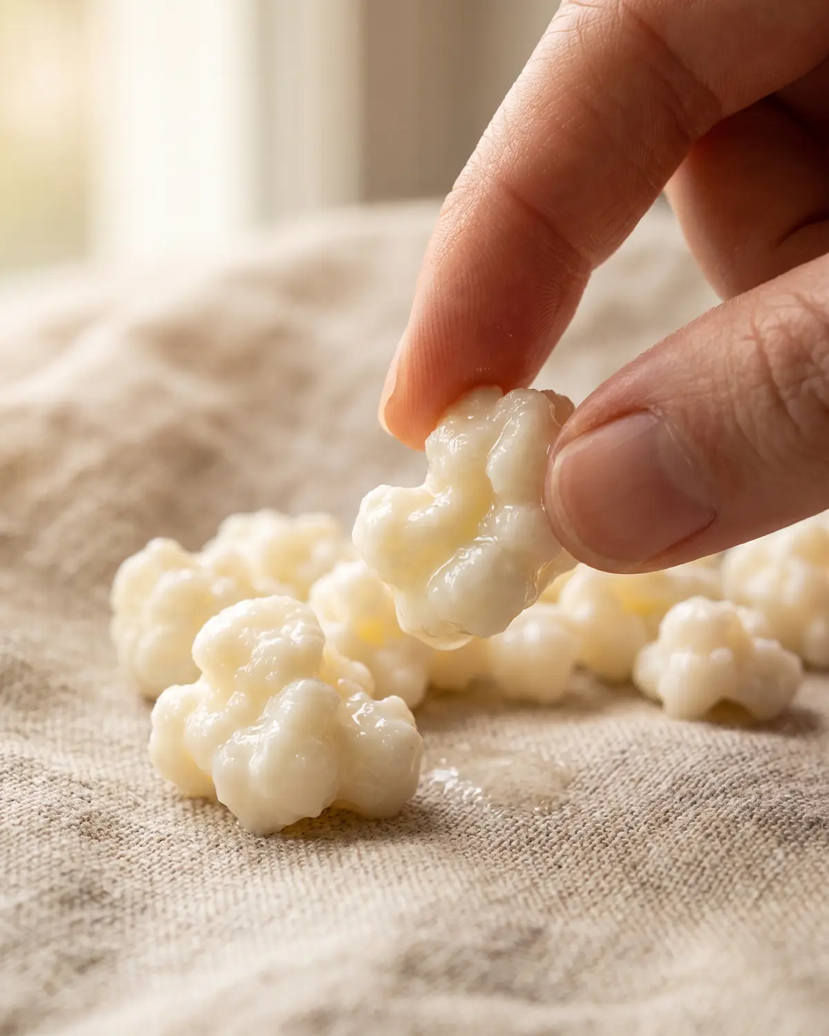kefir aldi Deux doigts soulèvent un grain de kéfir brillant, à la texture irrégulière de chou-fleur, sur un fond de lin.