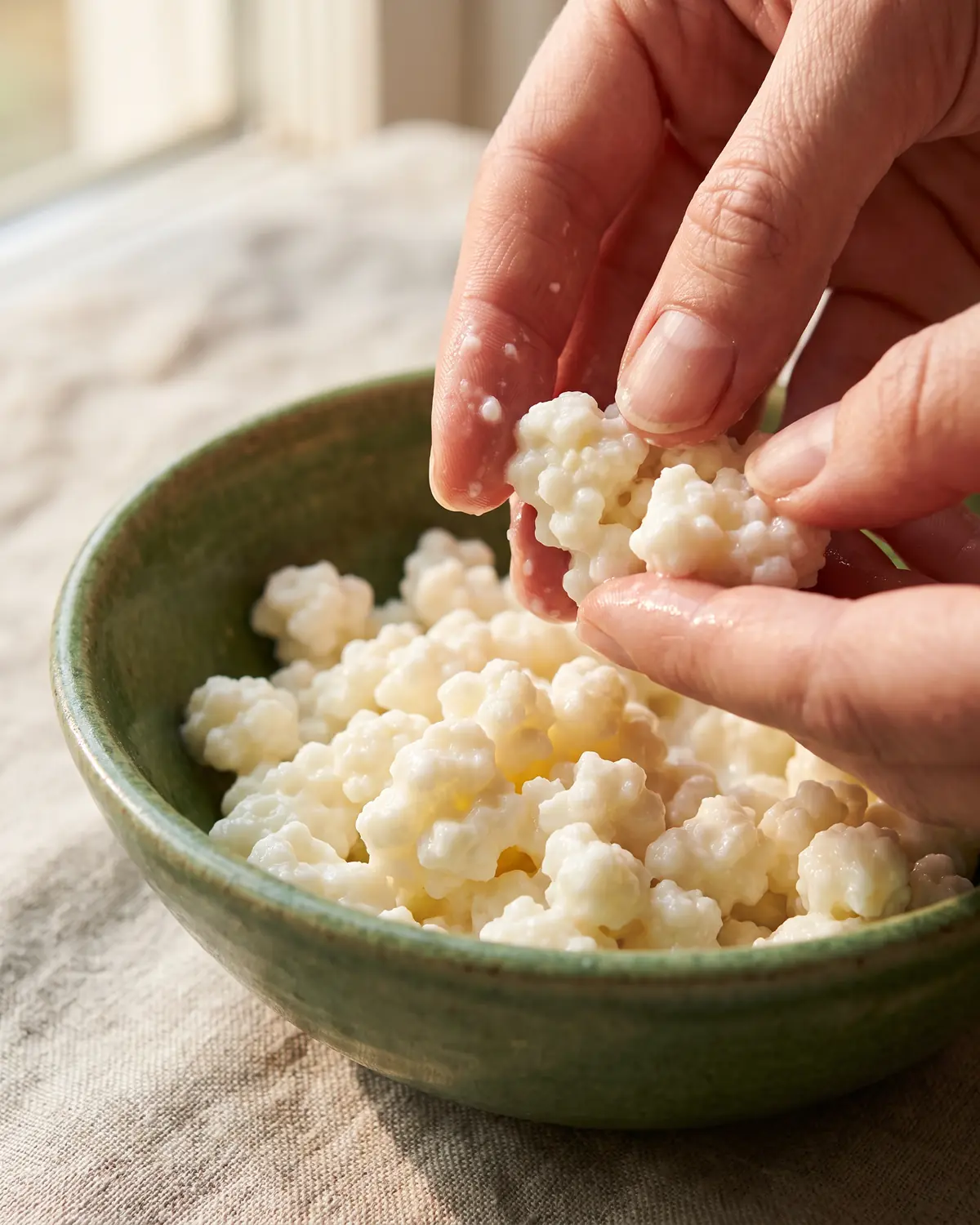kefir effets secondaires Doigts séparant des grains de kéfir humides et brillants dans un bol vert sur un linge flou