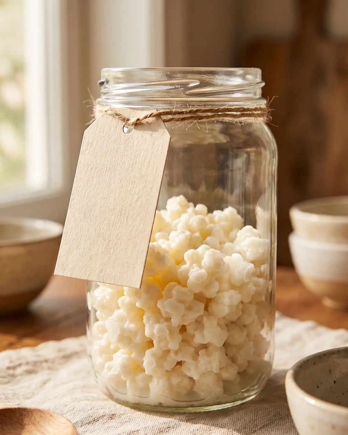 Bocal de k&eacute;fir avec une &eacute;tiquette en papier attach&eacute;e au col et des grains flous visibles derri&egrave;re le verre.