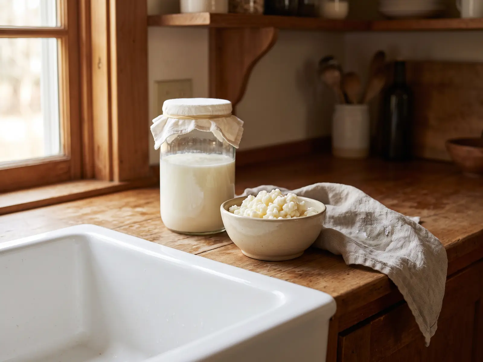 Bocal de k&eacute;fir en fermentation pr&egrave;s d&rsquo;un &eacute;vier blanc, avec grains dans un bol beige et linge humide.