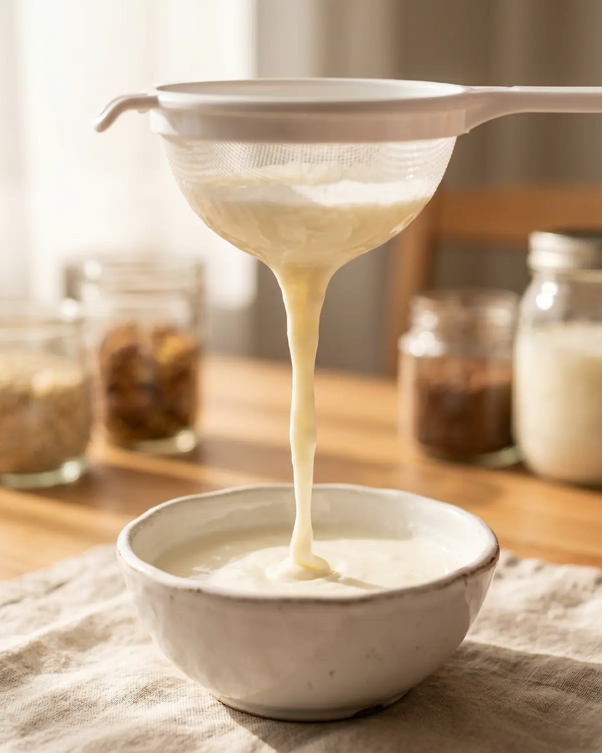 K&eacute;fir de lait filtr&eacute; en ruban &eacute;pais depuis un tamis blanc vers un bol en c&eacute;ramique.