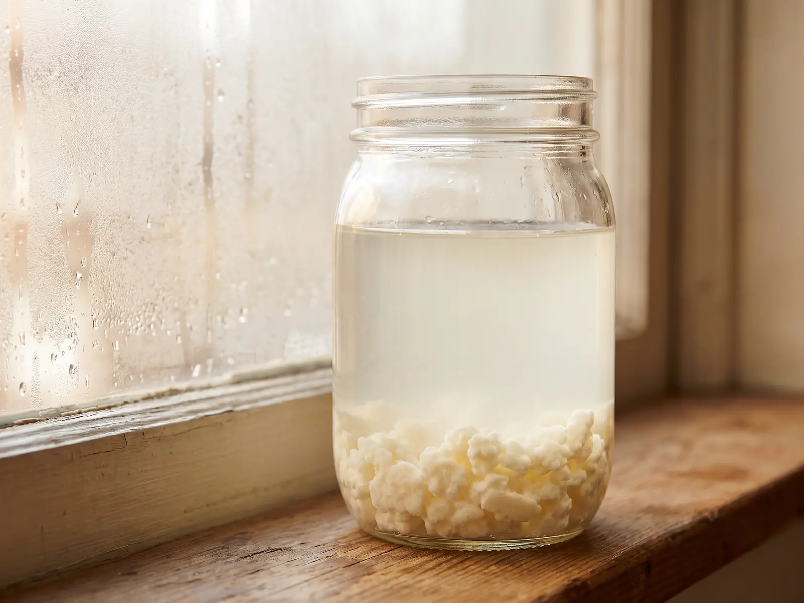 Bocal de k&eacute;fir de lait devant une vitre l&eacute;g&egrave;rement embu&eacute;e, avec des grains visibles coll&eacute;s au fond.