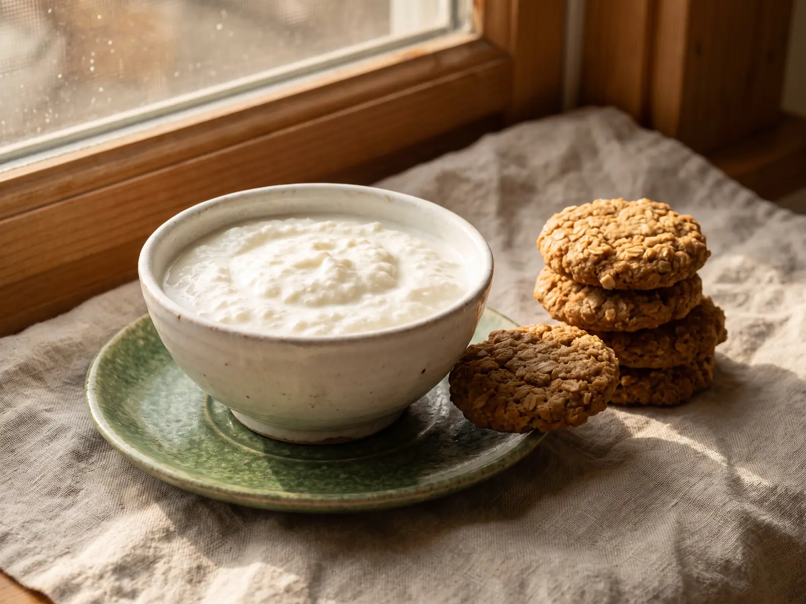 sucre fermenté Merienda sur du lin avec biscuits d’avoine, bol de kéfir naturel et lumière chaude près d’une fenêtre
