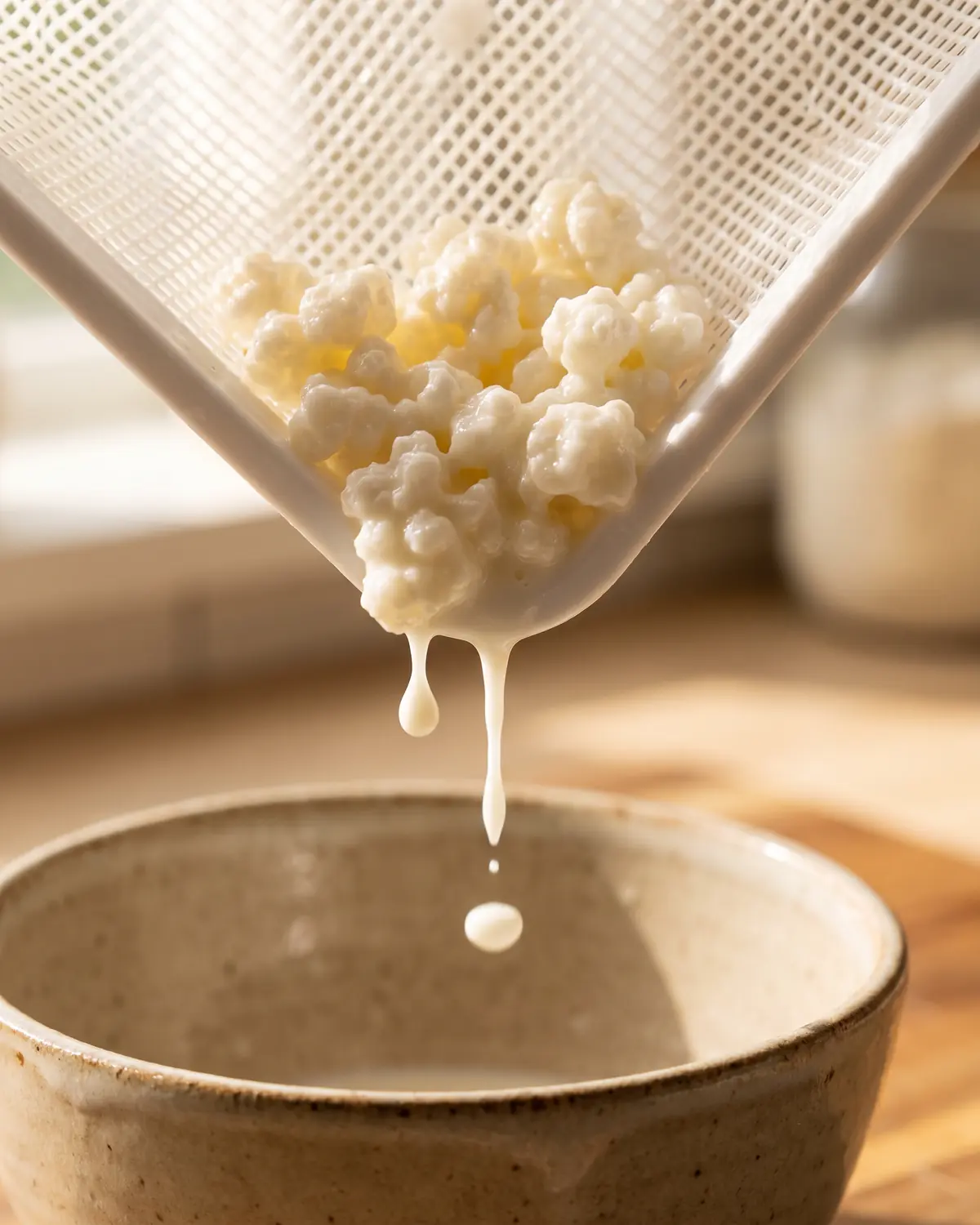kefir comment le conserver Grains de kéfir retenus dans un coin de passoire, avec des gouttes épaisses tombant vers une céramique beige.