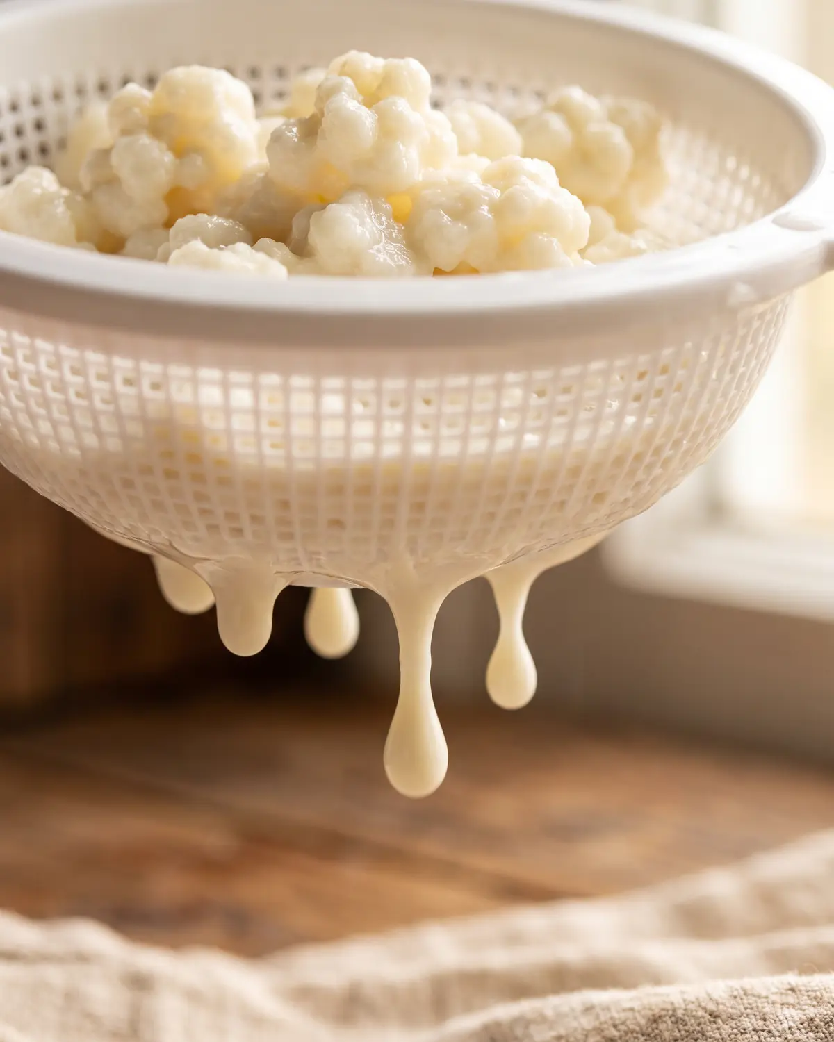 alcool fermenté Gouttes épaisses suspendues sous un tamis blanc, avec des grains de kéfir flous au-dessus