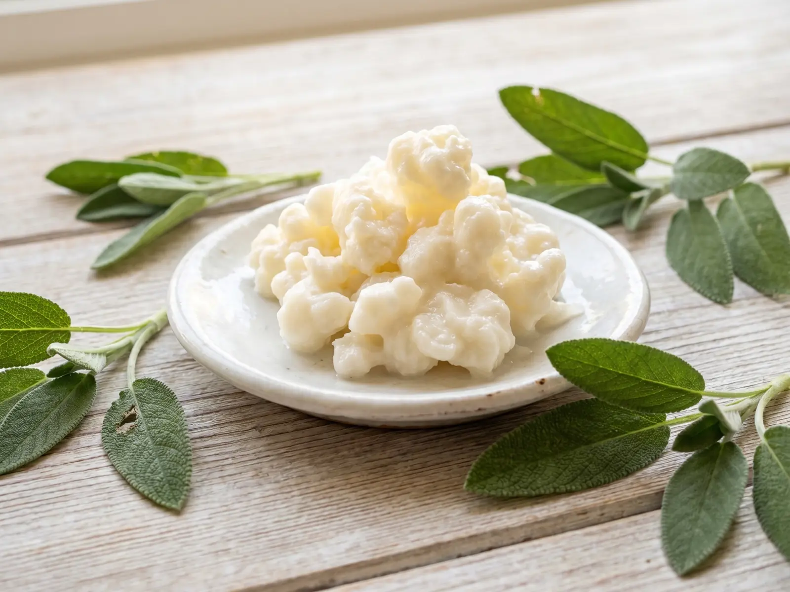 kefir a jeun Grains de kéfir irréguliers dans une coupelle blanche, avec sauge et bois clair en lumière douce.