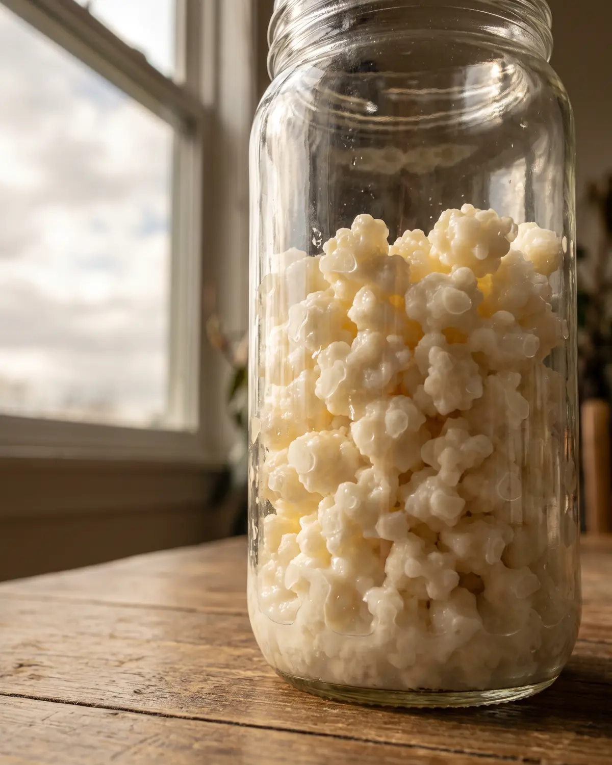 Bocal haut avec des grains de k&eacute;fir de lait visibles sur une table devant une fen&ecirc;tre grise
