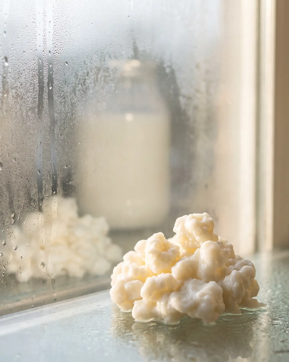 limonade maison fermentation Fenêtre embuée avec la silhouette d’un bocal laiteux et des grains à peine visibles en arrière-plan.