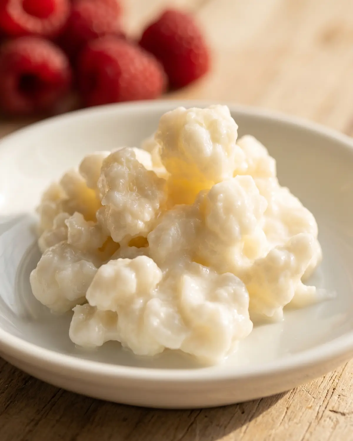 Grains de k&eacute;fir sur un petit plat blanc avec des framboises en arri&egrave;re-plan, sur du bois clair.