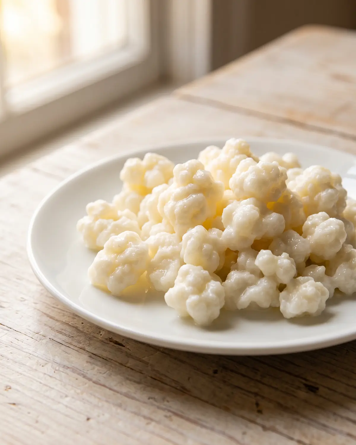 kéfir danger Grains de kéfir sur un petit plat blanc avec des framboises en arrière-plan, sur du bois clair.