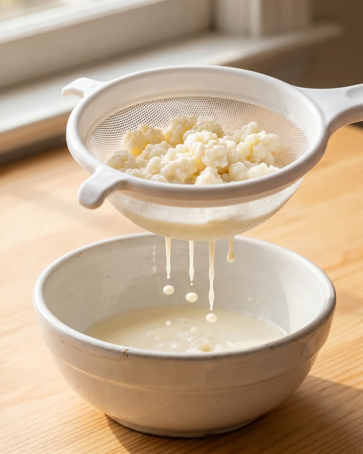 kefir propriete Grains de kéfir filtrés dans une passoire blanche, avec une goutte qui tombe dans un bol.