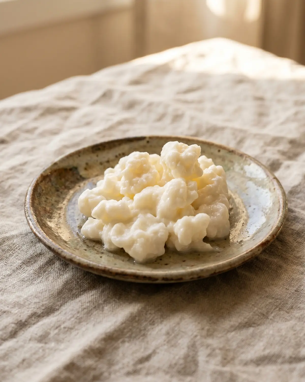 lait fermenté et kefir Grains de kéfir de lait posés sur un plat en céramique, avec un linge brut et une lumière douce.