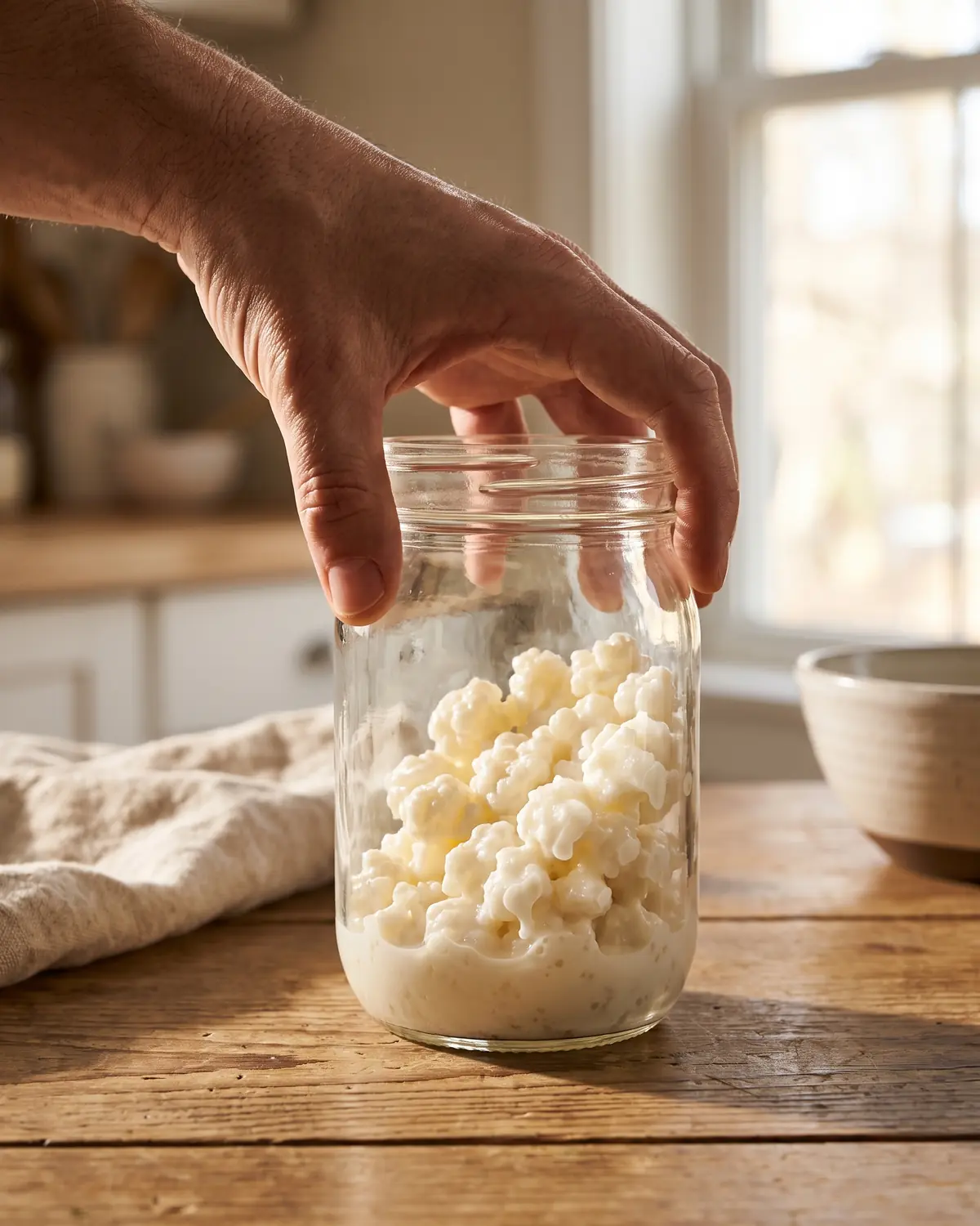 lait jument fermenté Une main incline lentement un bocal, laissant rouler les grains dans du lait crémeux contre le verre.