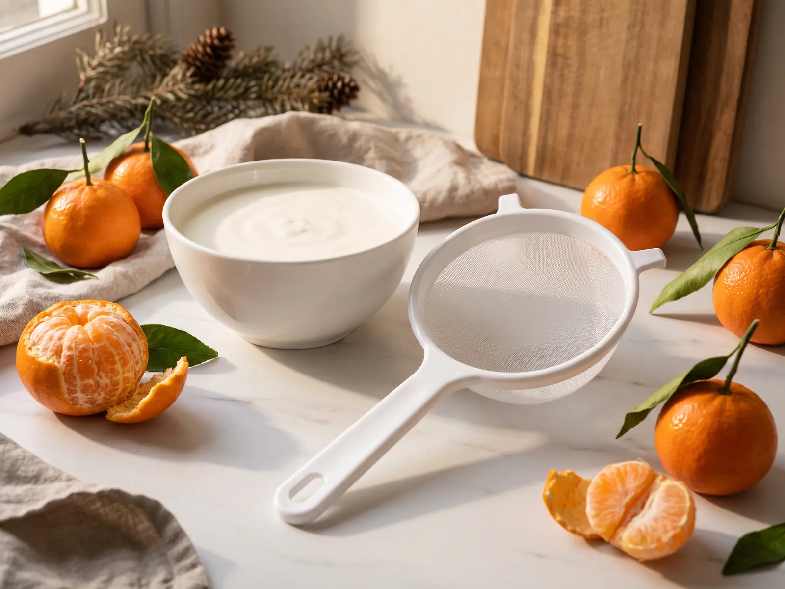 kefir hena Scène d’hiver avec kéfir filtré dans un bol, clementines et passoire blanche sur marbre mat.