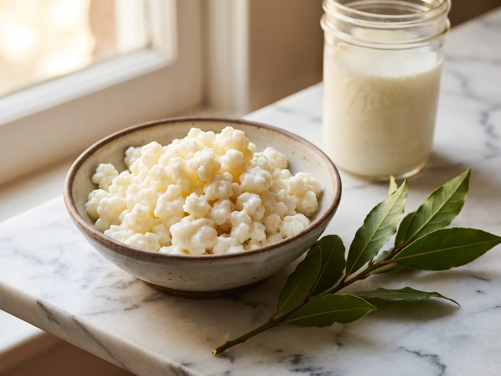 kefir comment le consommer Grains de kéfir de lait et bocal crémeux sur marbre blanc, avec une branche de laurier frais.