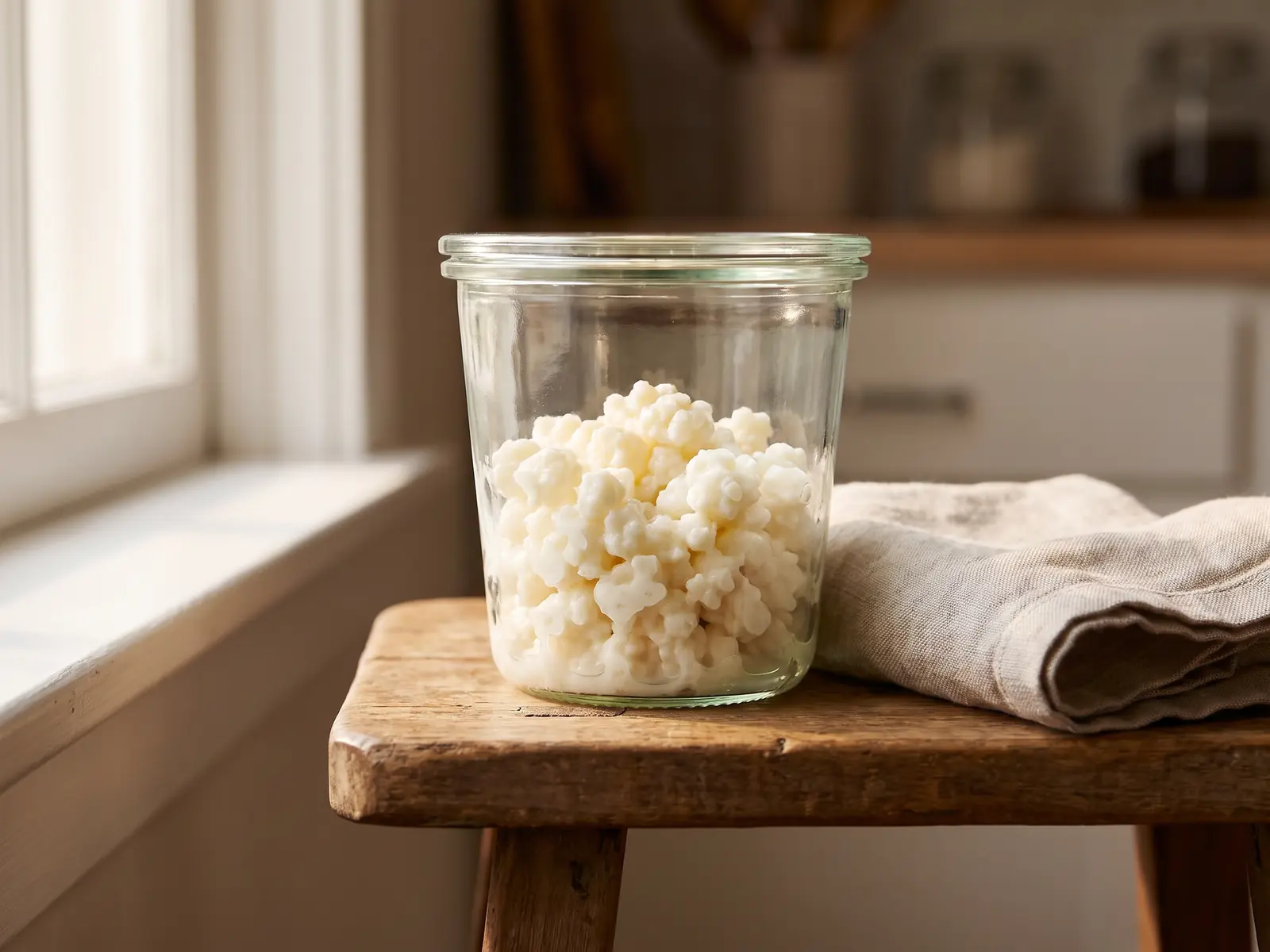 kéfir bienfaits intestin Un bocal de kéfir de lait fermente près d’une fenêtre, avec des grains visibles et un linge plié à côté.