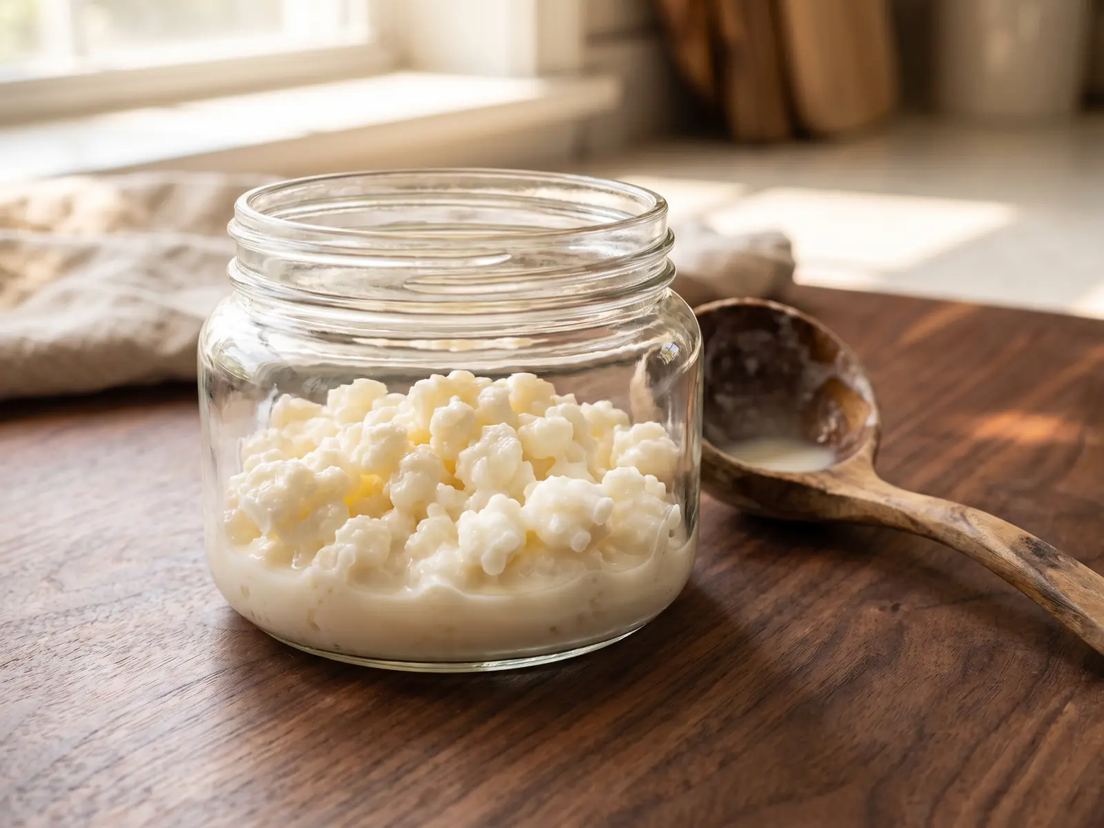 Bocal de k&eacute;fir de lait sur bois sombre, avec grains visibles et cuill&egrave;re en bois &agrave; c&ocirc;t&eacute;.