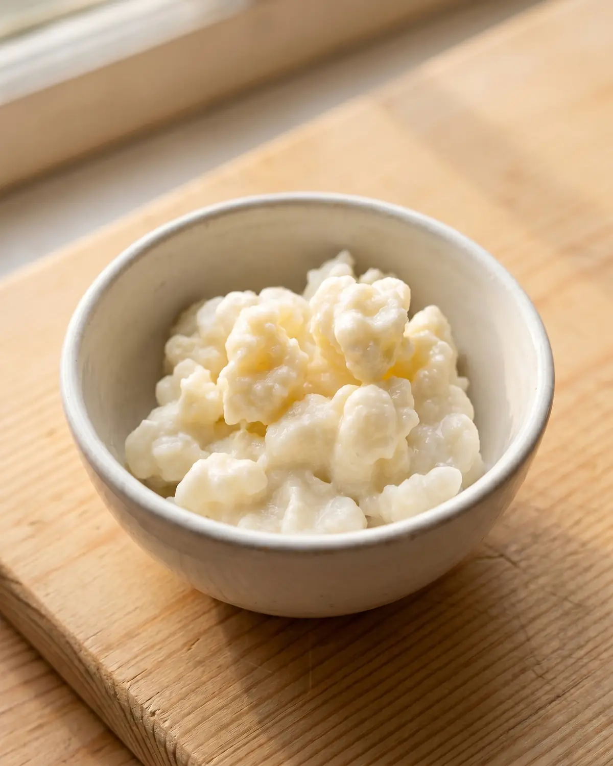 lait fermenté bienfaits Gros plan de grains de kéfir de lait dans un bol blanc, avec leur texture irrégulière et crémeuse.