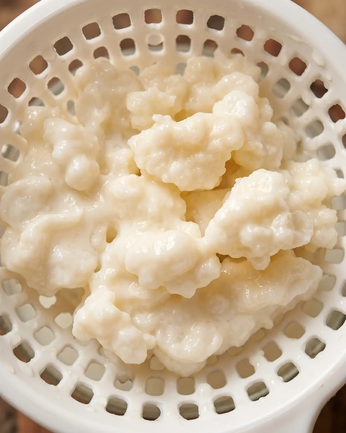 kefir sucre Gros plan de grains blanc crème dans une passoire, avec des gouttes épaisses entre les interstices.