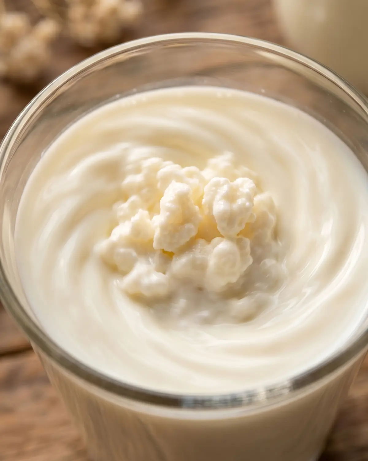 kefir proteines Gros plan de grains de kéfir irréguliers tourbillonnant dans du lait frais à travers un récipient en verre