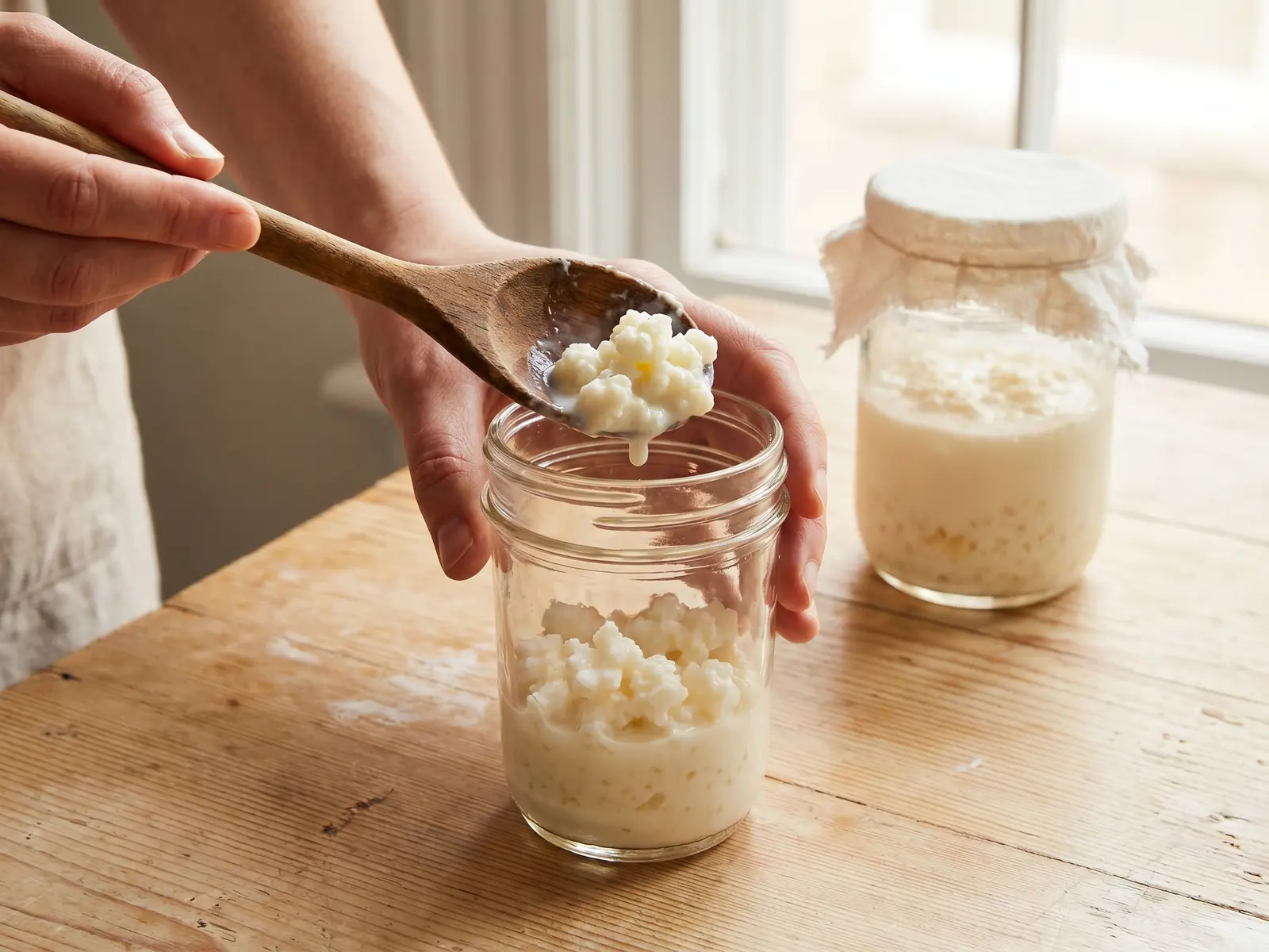 alcool fermenté Main ajoutant des grains de kéfir de lait dans un bocal avec une cuillère en bois sur du pin clair
