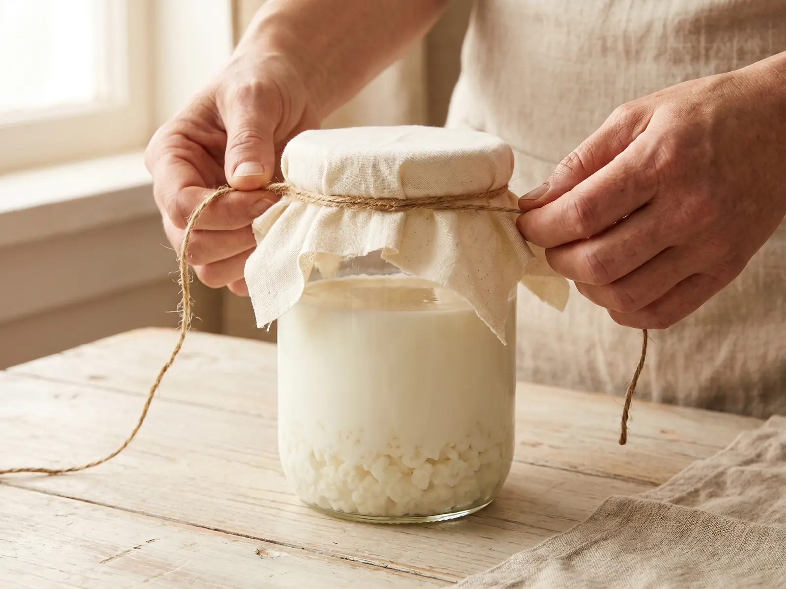 Main nouant un tissu de coton sur un bocal de k&eacute;fir de lait pos&eacute; sur une table claire.