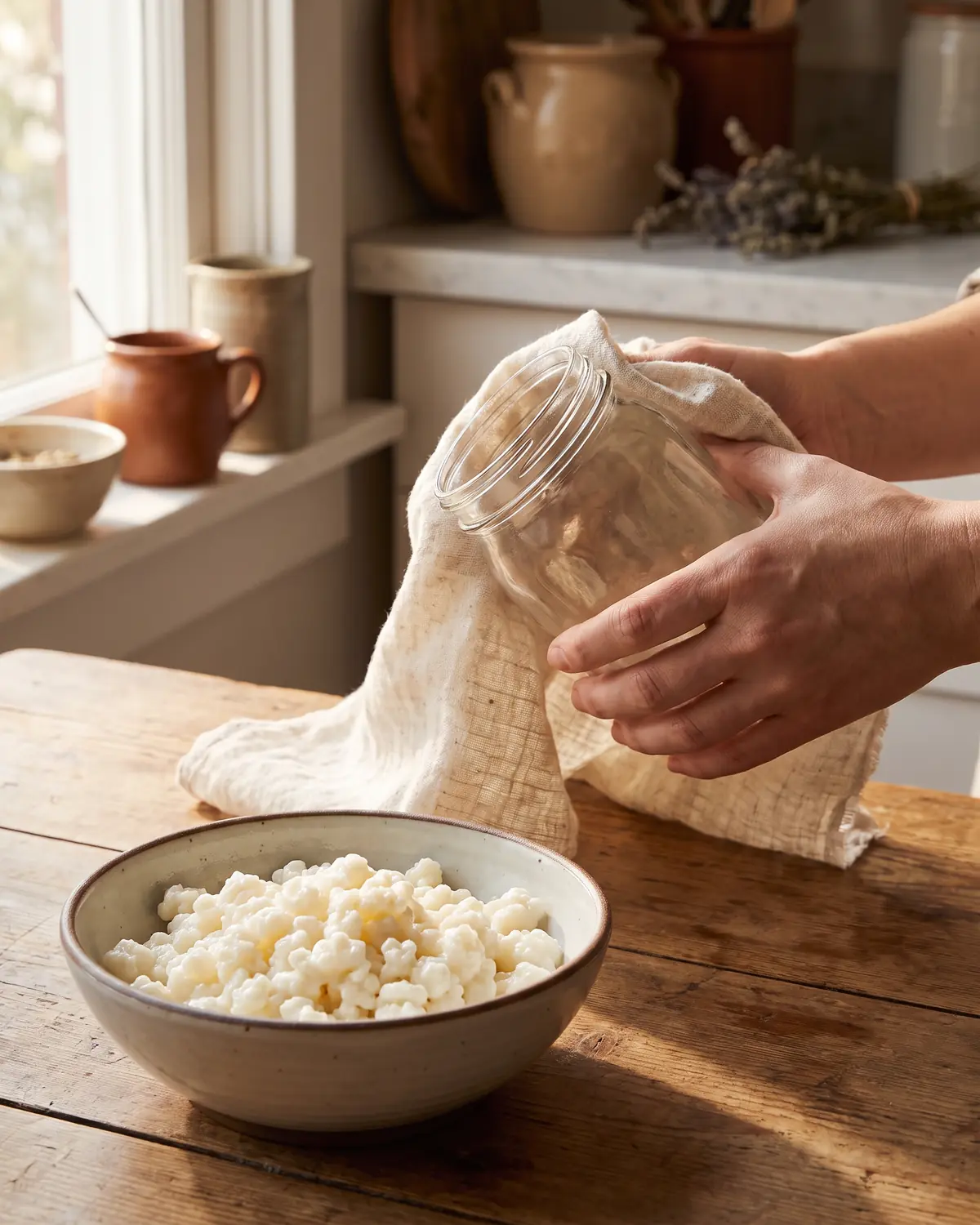 graines de kéfir bienfaits Main essuyant un bocal de fermentation avec un linge brut, près d’un bol de grains de kéfir.