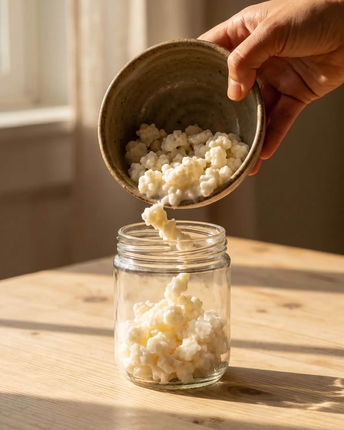 kefir benefices Main versant des grains de kéfir depuis un bol en céramique vers un bocal, sur une table en bois clair.