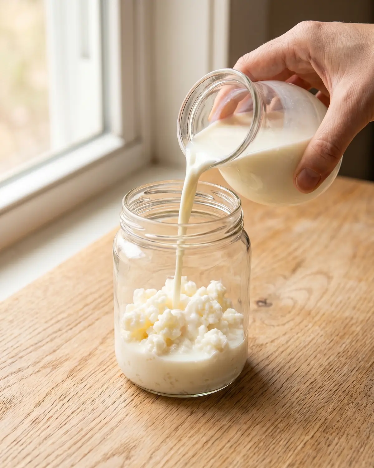 orisae kefir Main versant du lait frais sur des grains de kéfir dans un bocal en verre prêt à fermenter.