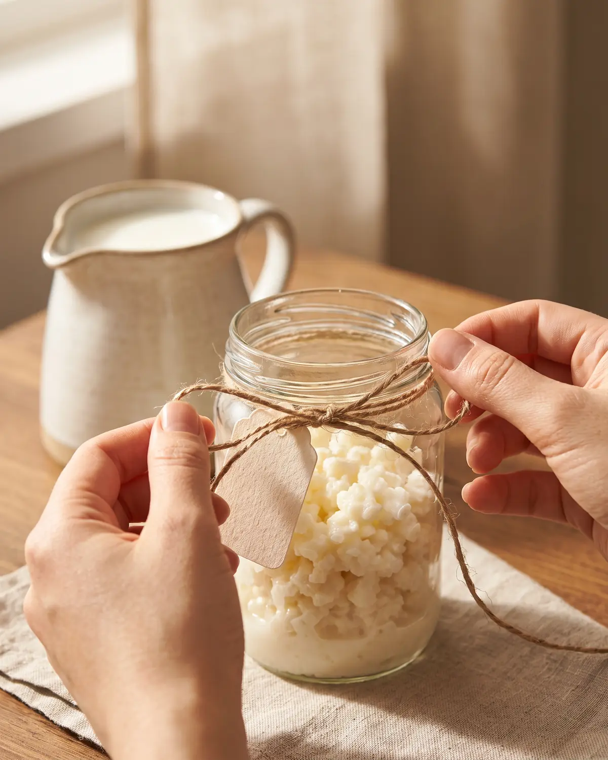 kefir halal Deux mains nouent une ficelle avec une étiquette vide autour d’un bocal, devant un fond de lait blanc.