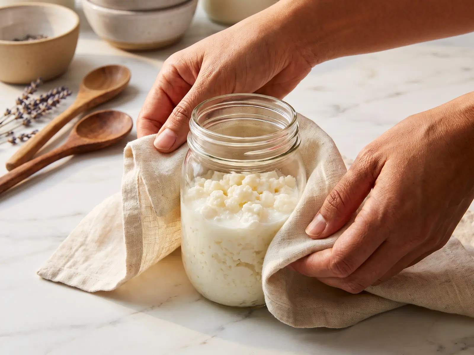 kefir sucre Deux mains enveloppent un bocal de kéfir dans du lin, comme un cadeau maison sur marbre blanc.