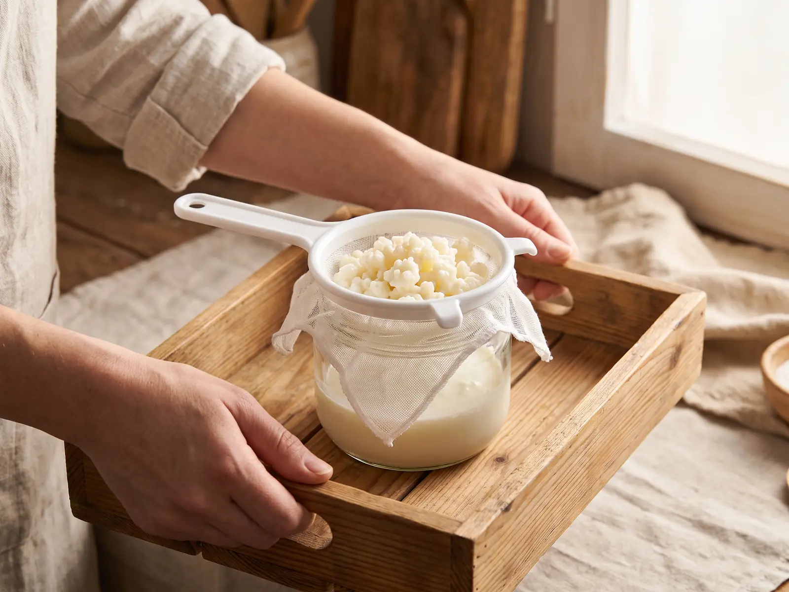 Deux mains portent un plateau avec un bocal, une passoire blanche et des grains de k&eacute;fir &eacute;goutt&eacute;s.