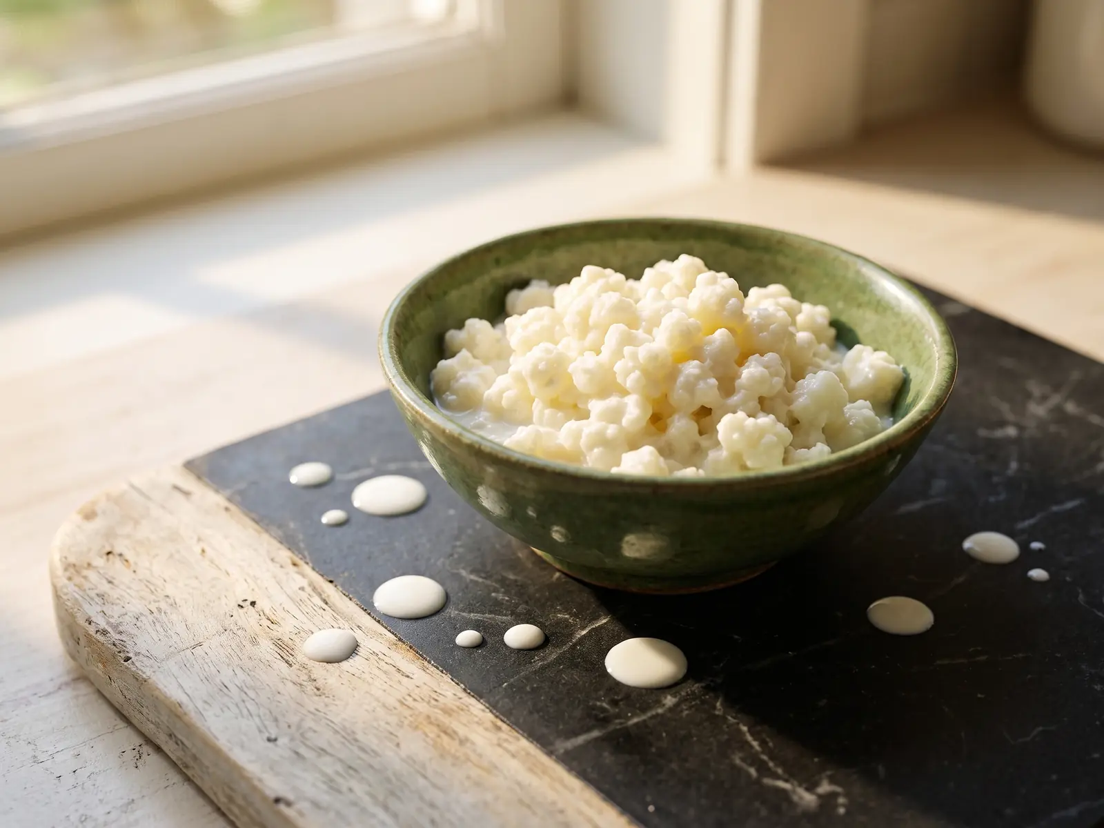 Grains de k&eacute;fir de lait dans un bol vert sur marbre noir, avec gouttes de lait et bois clair.