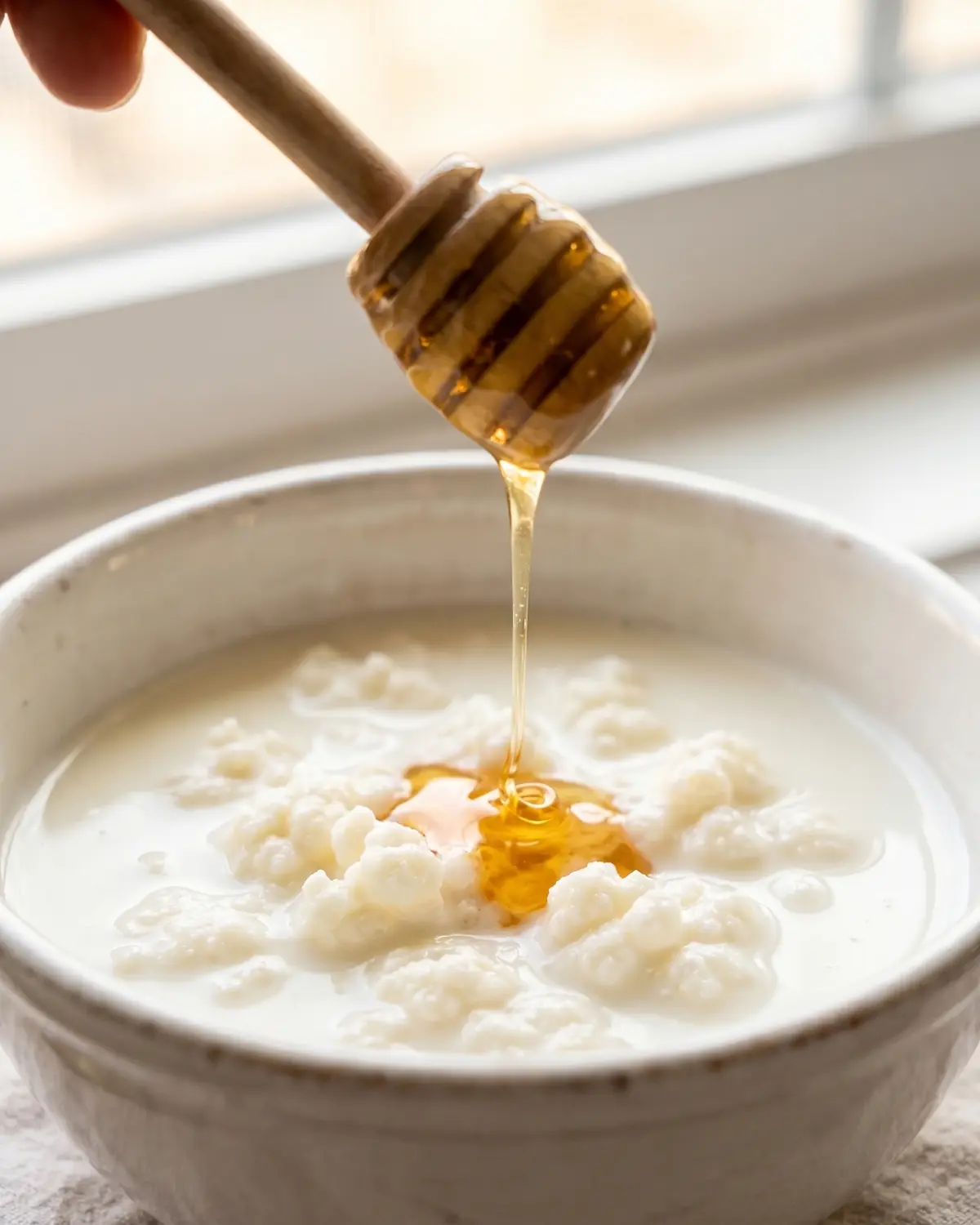 lait fermenté Filet de miel versé sur un bol blanc de kéfir de lait, avec une main discrète hors visage.