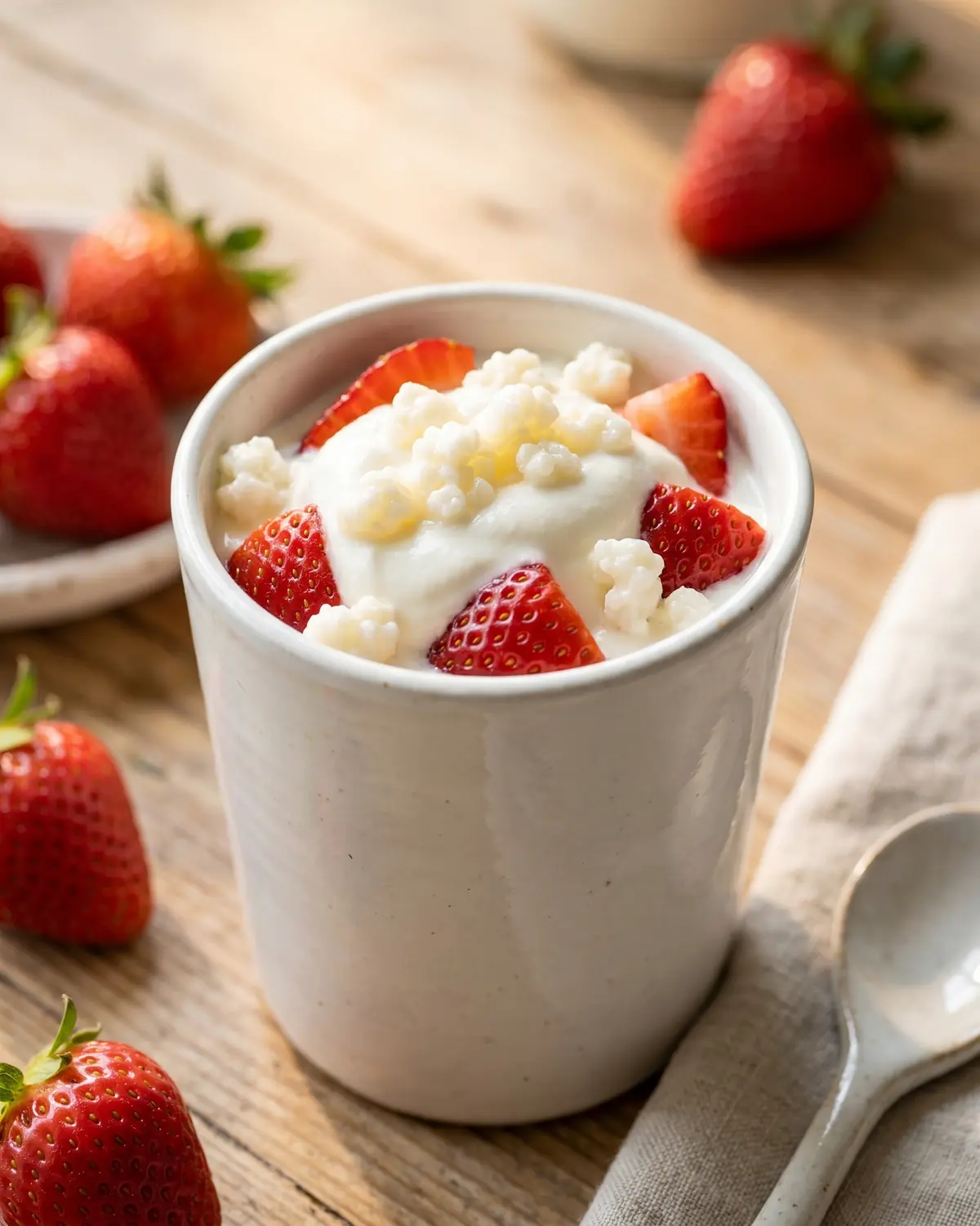 kéfir quantité par jour Verre blanc de kéfir de lait mixé avec des fraises, graines visibles et lumière estivale douce.
