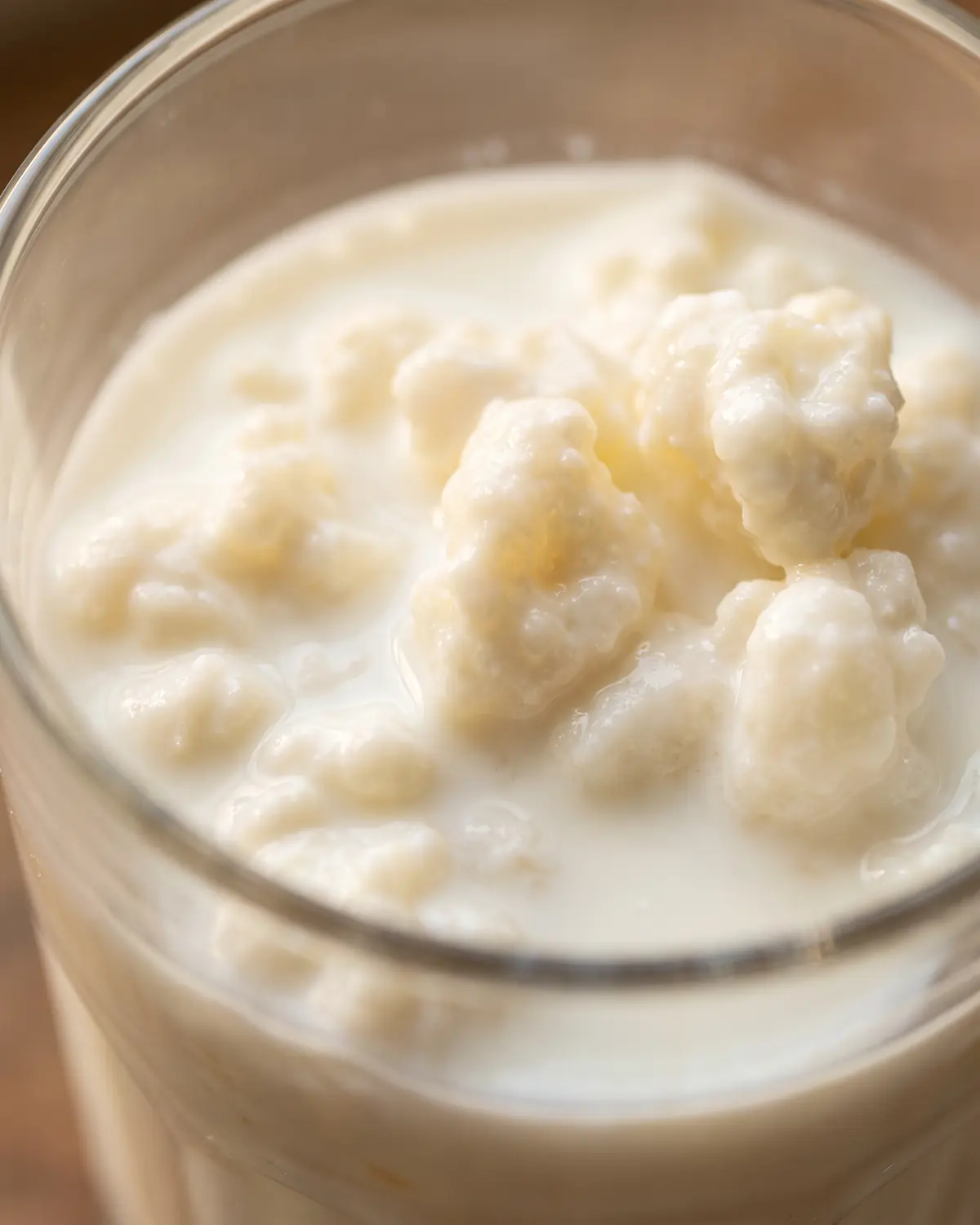 sucre fermenté Nuages de lait autour de grains fraîchement immergés dans un bocal, en vue verticale rapprochée