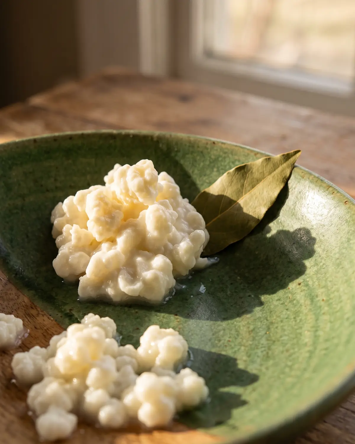 kéfir de coco Grains humides de kéfir empilés dans un bol vert, avec une ombre de laurier projetée sur la surface.