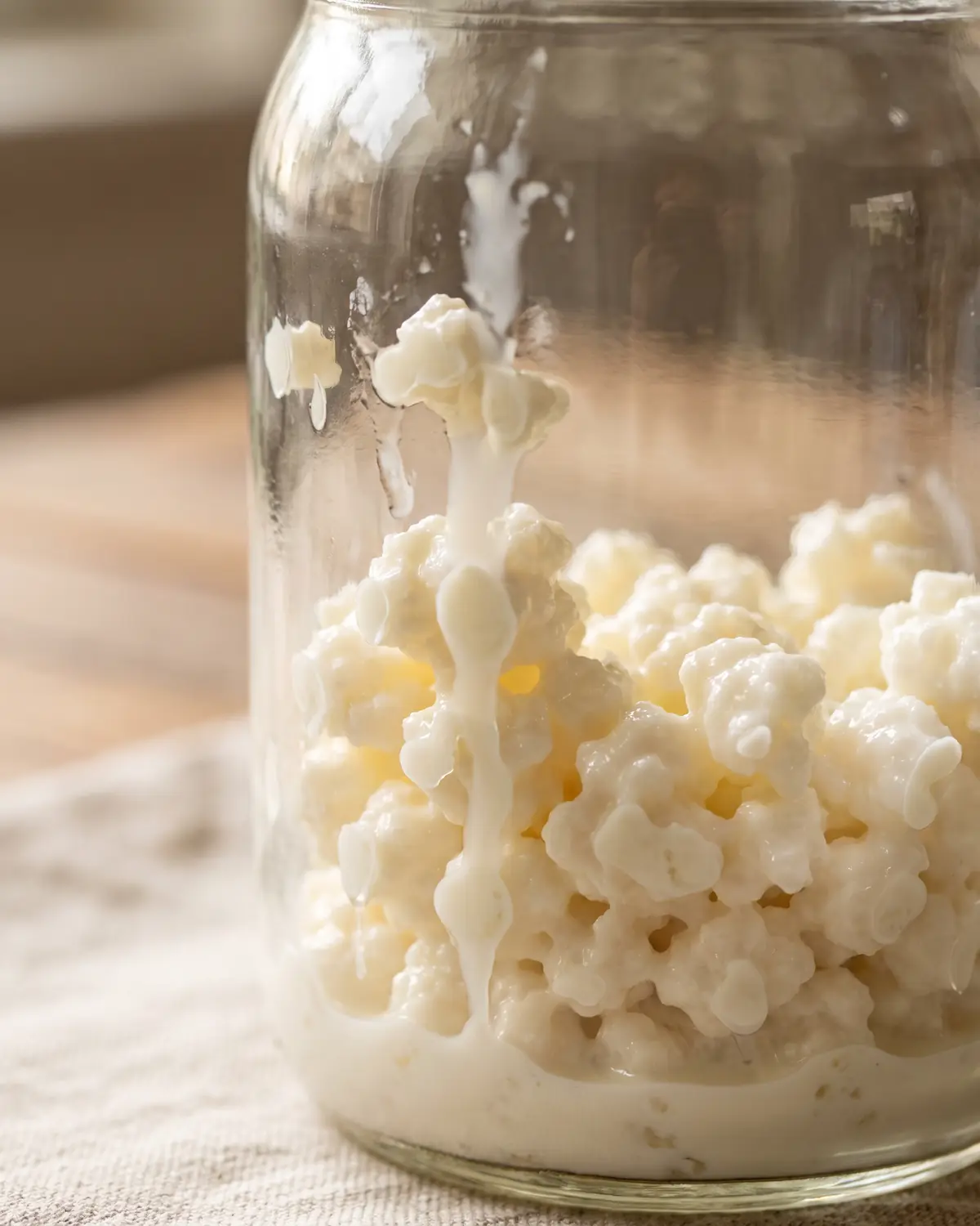 recette kefir dattes Lait frais au contact des grains sur la paroi d’un bocal, vu de près dans une composition verticale.