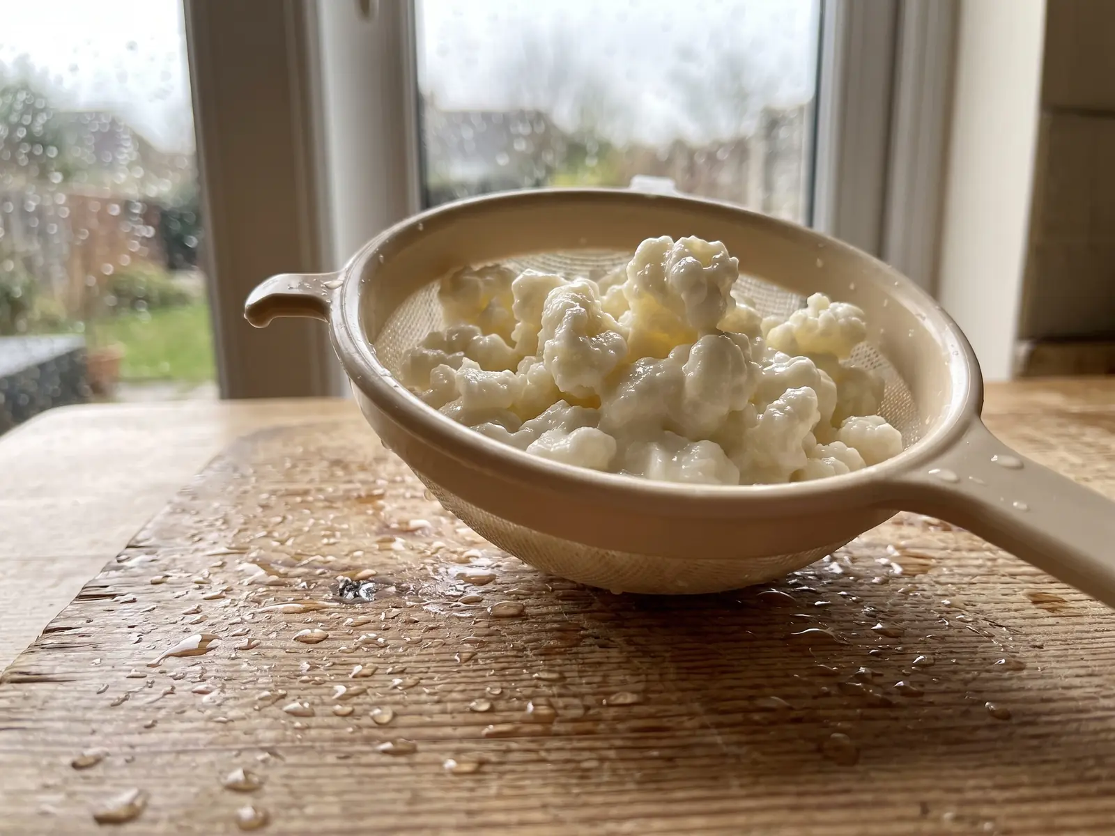 Grains de k&eacute;fir de lait fra&icirc;chement &eacute;goutt&eacute;s dans une passoire sur une table en pin humide.