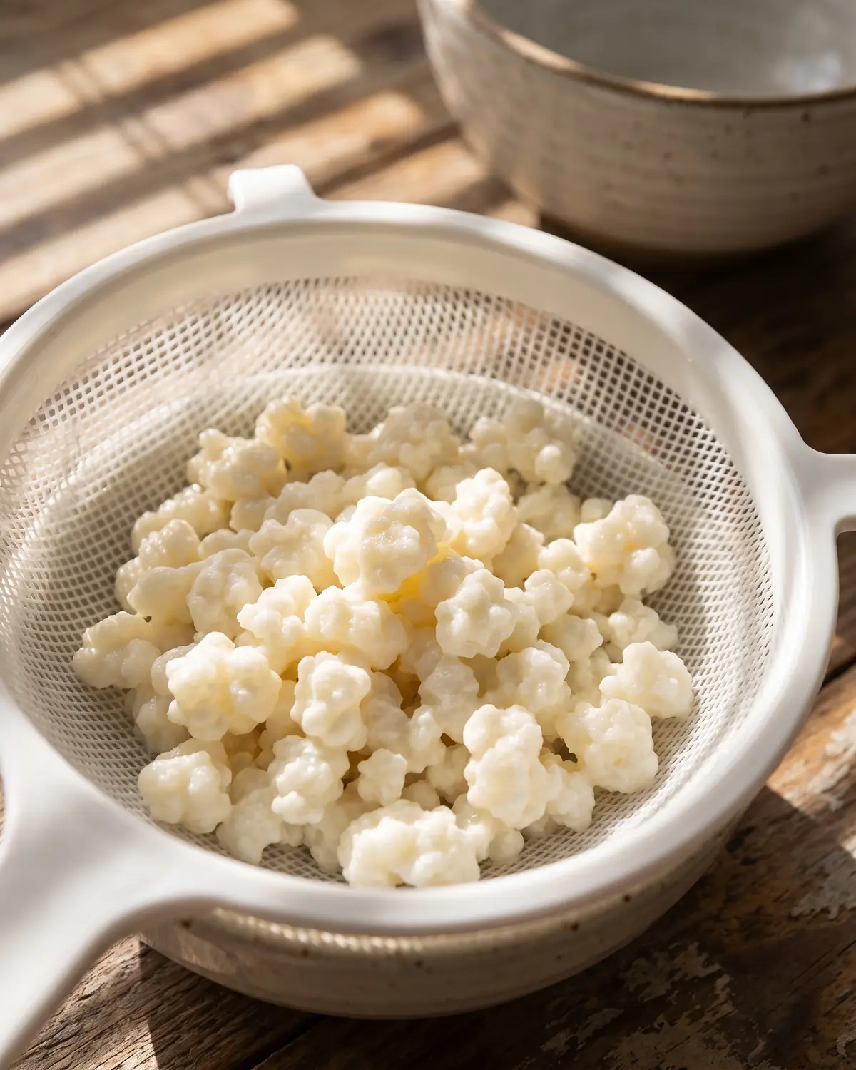 Grains de k&eacute;fir de lait dans une passoire blanche, &eacute;clair&eacute;s par des ombres de persienne.