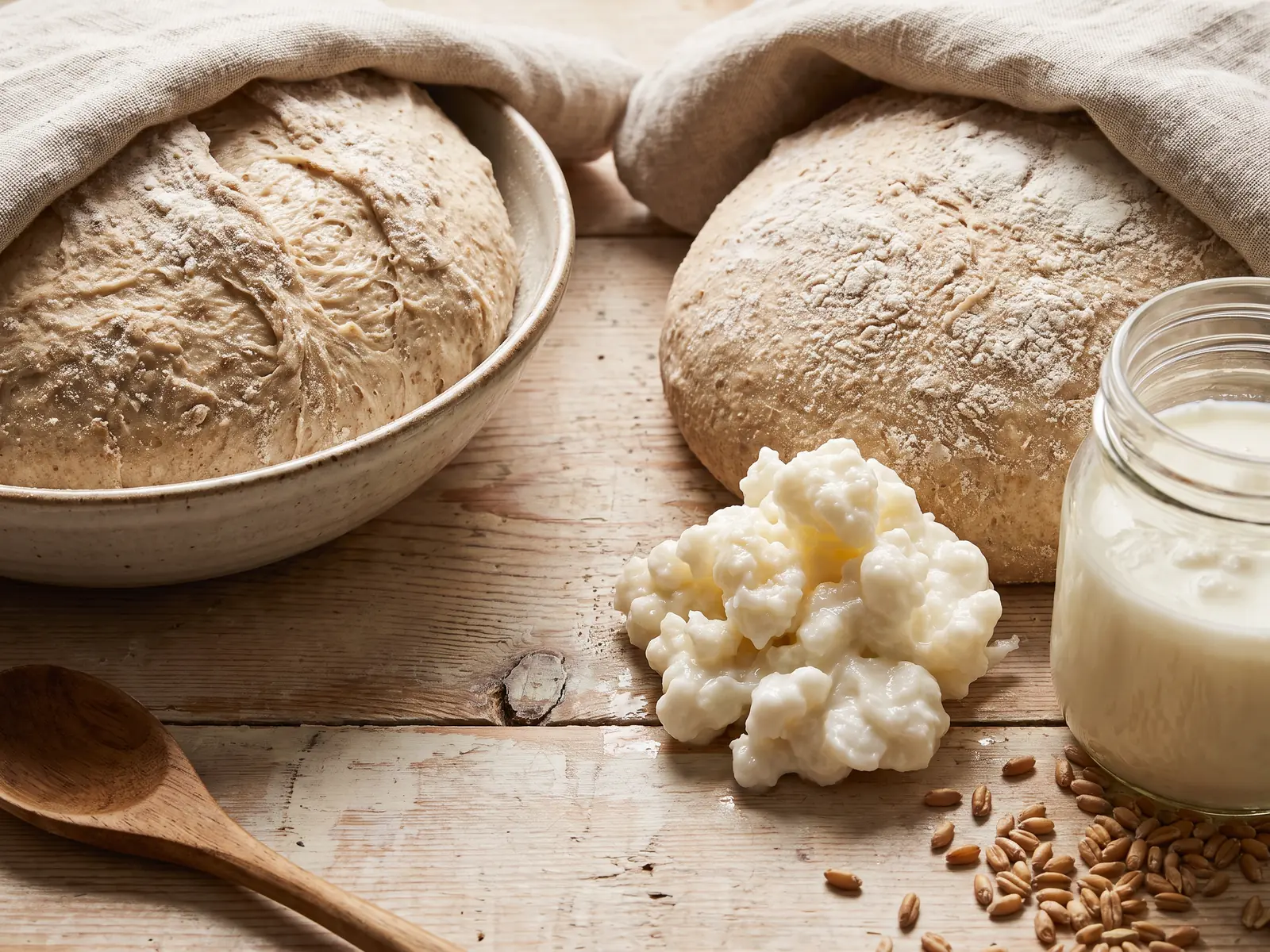 kéfir conservation Bocal de kéfir de lait avec grains réservés et pâte rustique sur une table en bois clair.