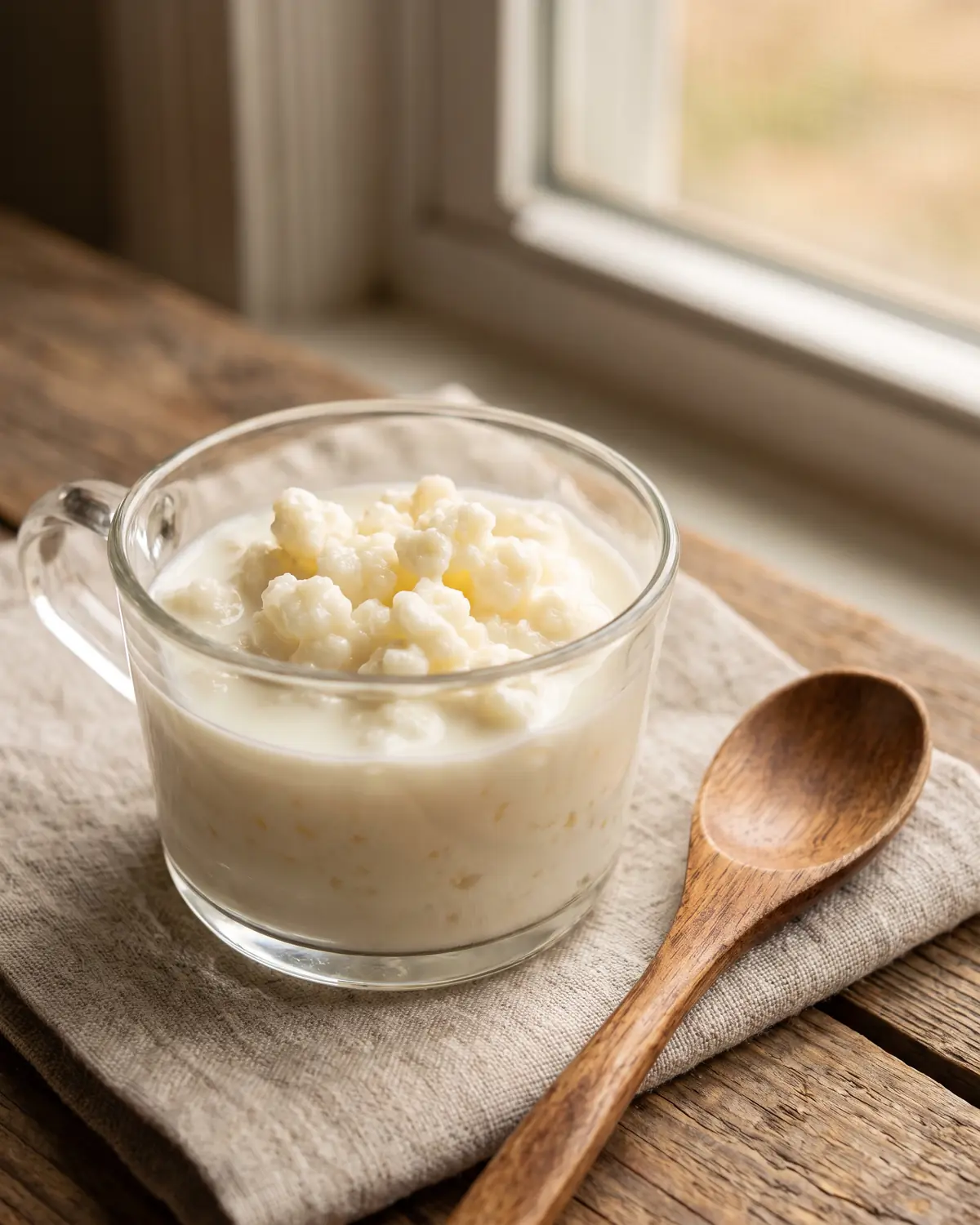 kefir signification Petit verre de kéfir de lait avec des grains visibles et une cuillère en bois posée à côté.