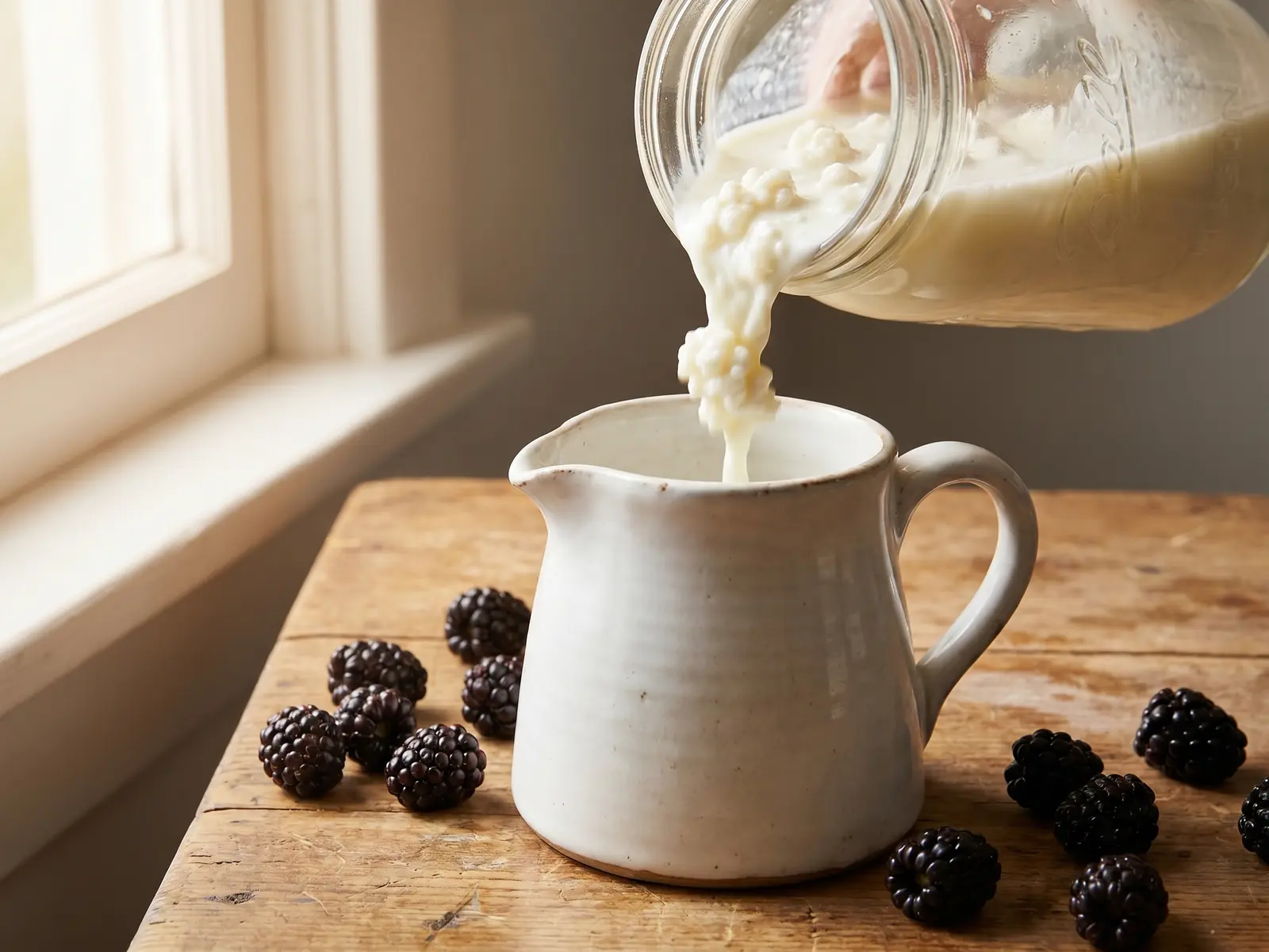 à quoi sert le kéfir Kéfir de lait servi dans une jarre en céramique blanche, avec des mûres fraîches près d’une fenêtre.