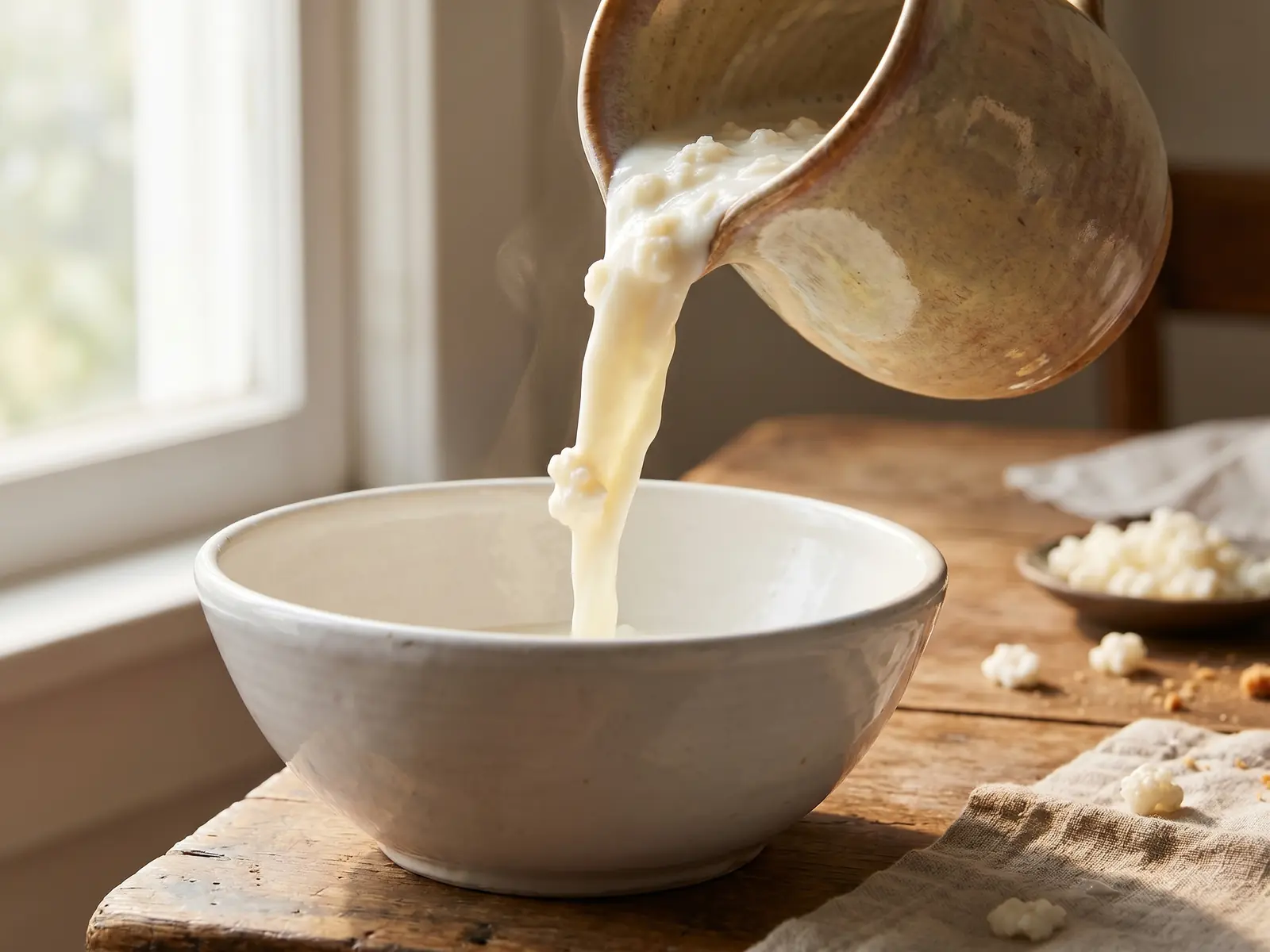 Jarre en c&eacute;ramique versant un k&eacute;fir de lait &eacute;pais dans une assiette blanche pr&egrave;s d&rsquo;une fen&ecirc;tre