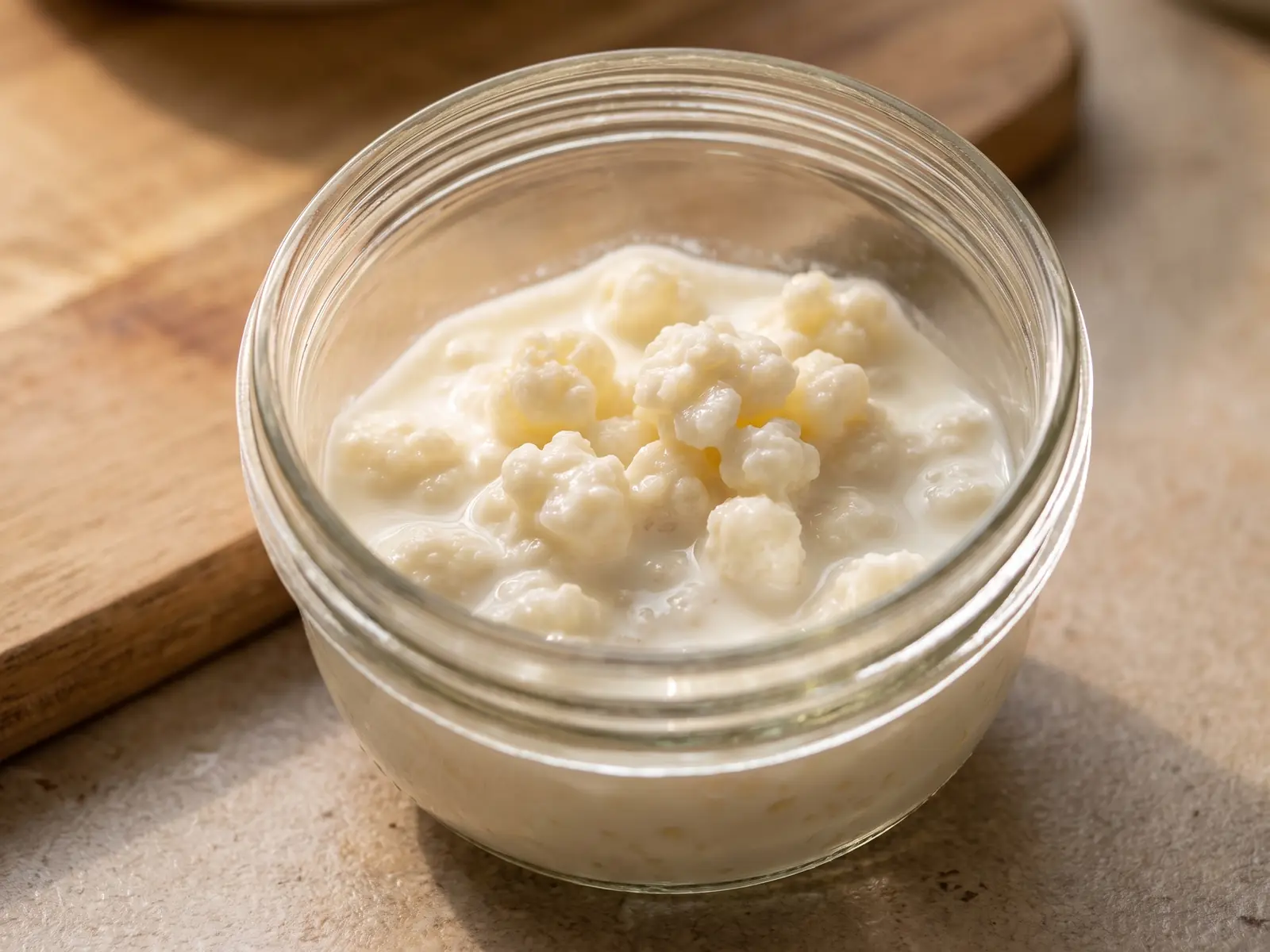 kefir mere Bocal de kéfir de lait fraîchement rempli, avec des grains irréguliers entourés de nuages de lait.