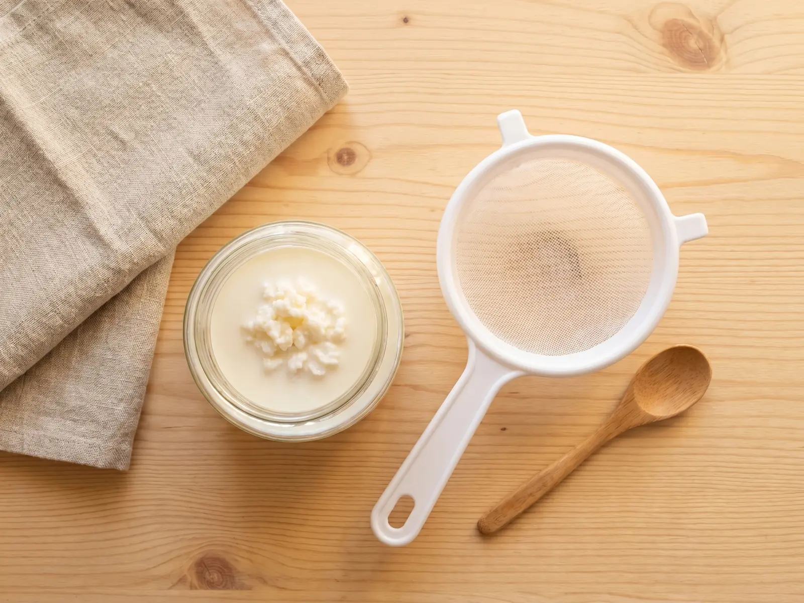 Bocal de k&eacute;fir de lait sur un plan de travail avec passoire blanche, cuill&egrave;re en bois et linge en lin.