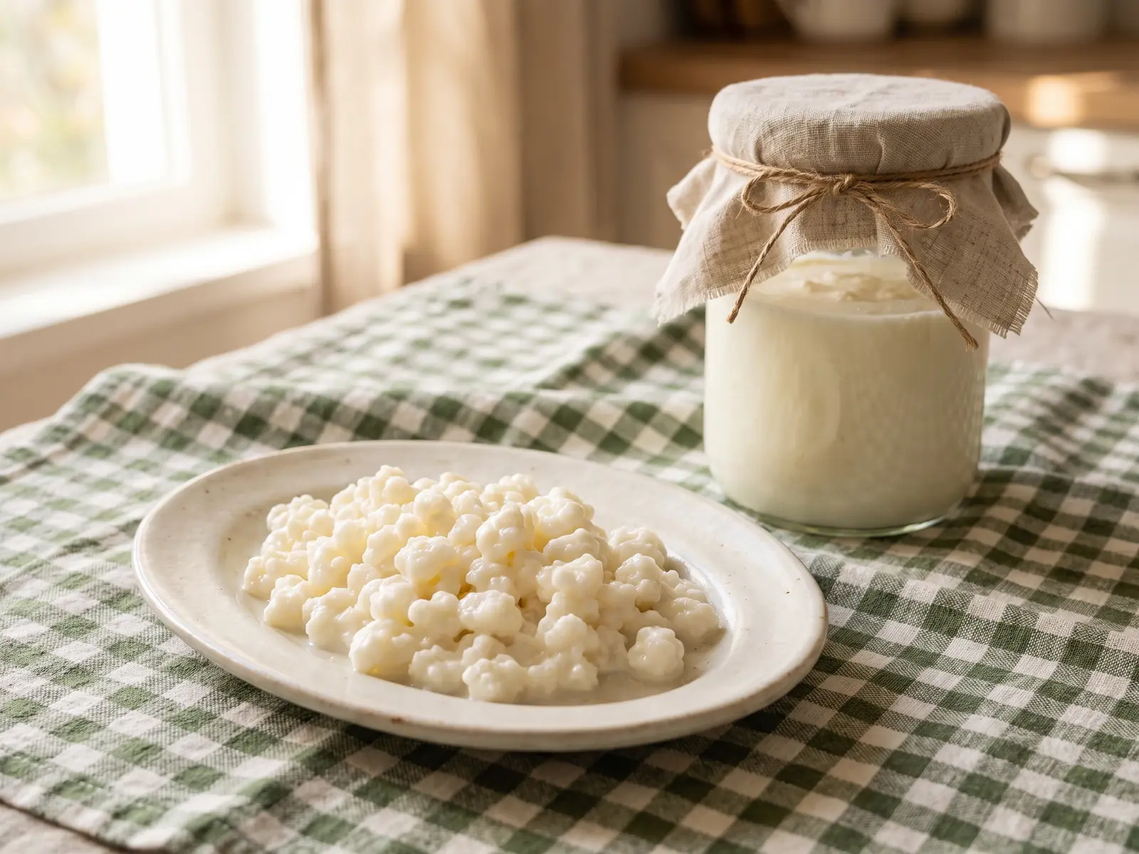 kefir benefices Grains de kéfir sur un plat ovale, avec un bocal couvert de lin posé sur un tissu à carreaux verts.