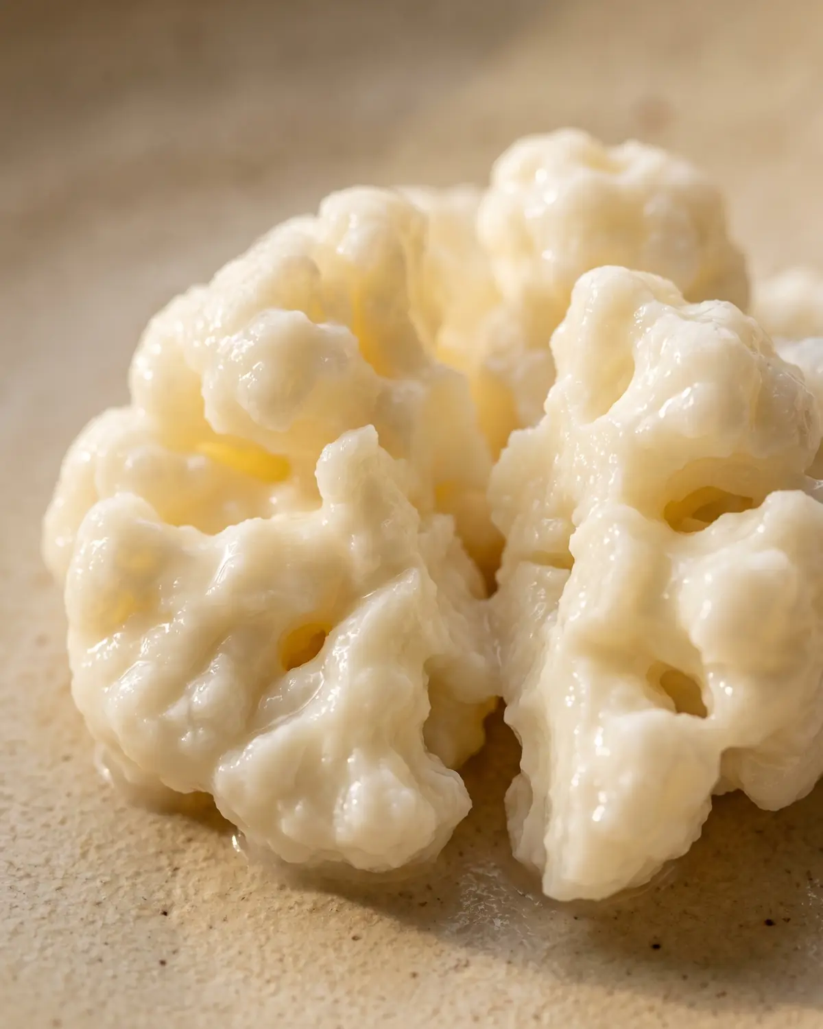 kefir comment le consommer Macro d’un grain de kéfir de lait ouvert, aux plis humides rappelant un chou-fleur sur céramique mate.