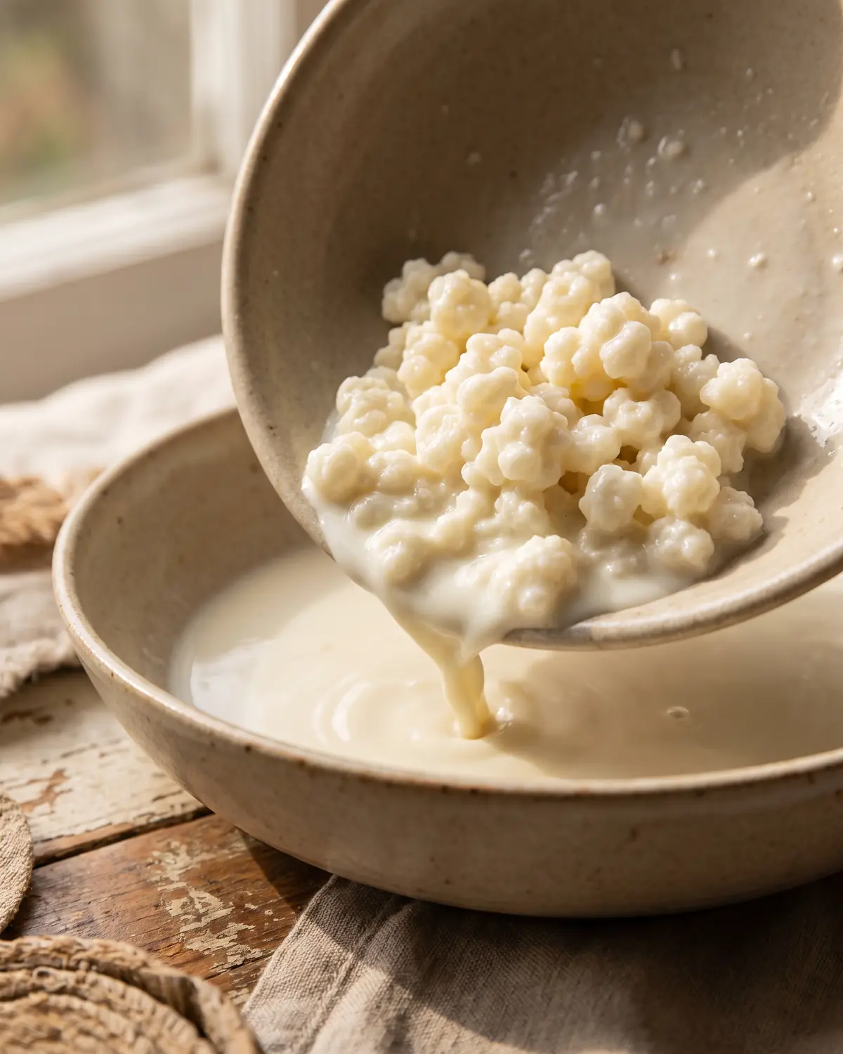 gout kefir Grains de kéfir de lait posés sur le bord d’un bol beige, avec du lait qui s’écoule lentement.