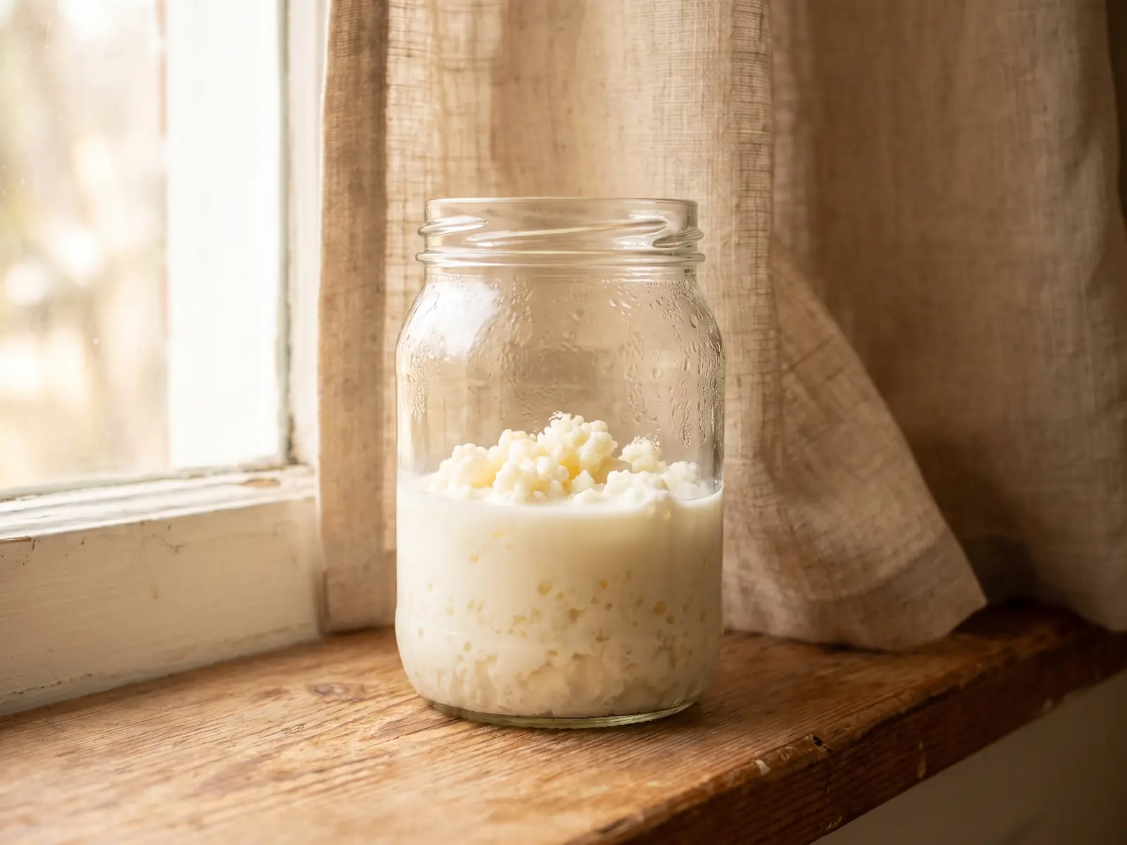 faire des grains de kefir Bocal de kéfir de lait sur un rebord de fenêtre, avec grains visibles et condensation du matin.